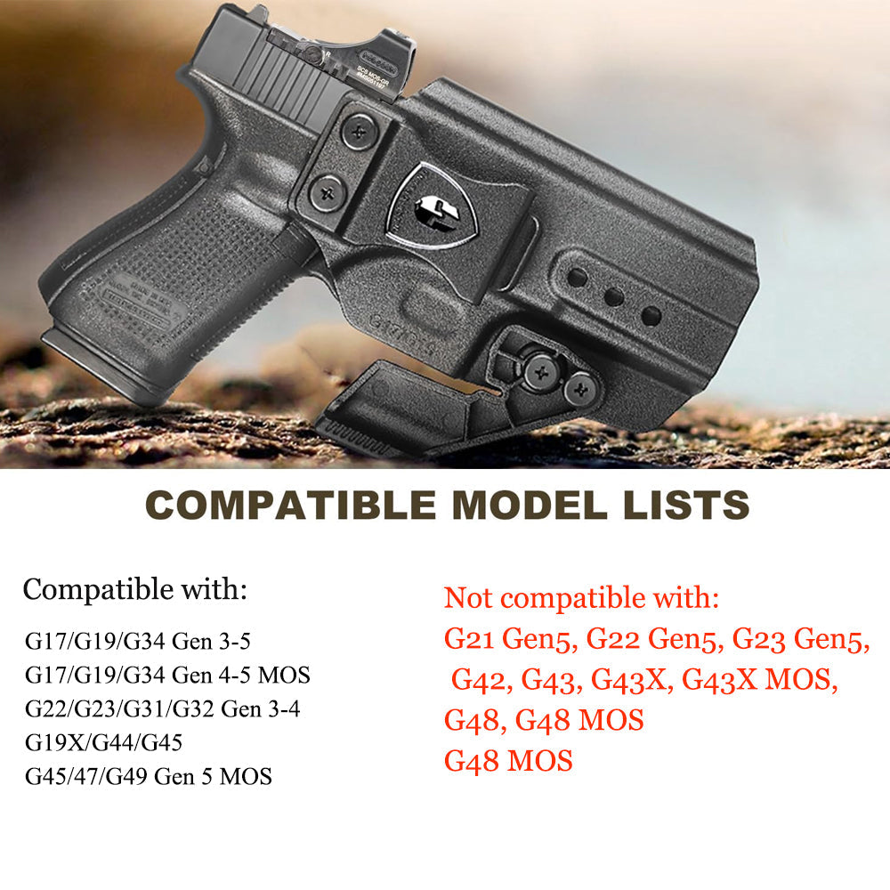 WARRIORLAND IWB & OWB Convertible Holster Optic Cut: Compatible with Glock 17/19/26/34 Gen3-5 G17/G19 Gen4 MOS G17/G19/G26/G34 Gen5 MOS 19X G23 Gen3-4 G32 Gen3-4 G44 G45 G45 MOS Holster, with Claw,Adj Ride Height, Right Hand WARRIORLAND