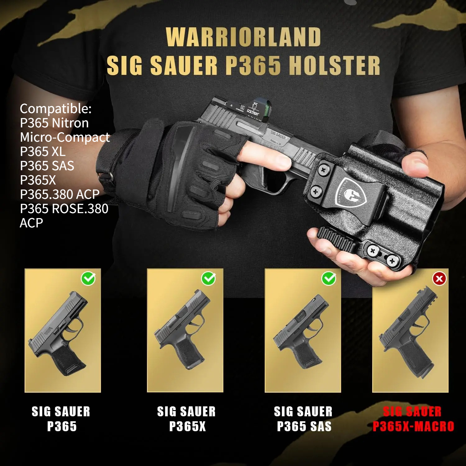 Sig P365 IWB Kydex Holster with Claw Attachment and Optic Cut: Sig Sauer P365 P365 XL P365 SAS P365X P365.380 ACP P365 ROSE.380 ACP, Inside Waistband Appendix Carry P365 Holster, Adj. Cant & Retention, Right Hand|WARRIORLAND