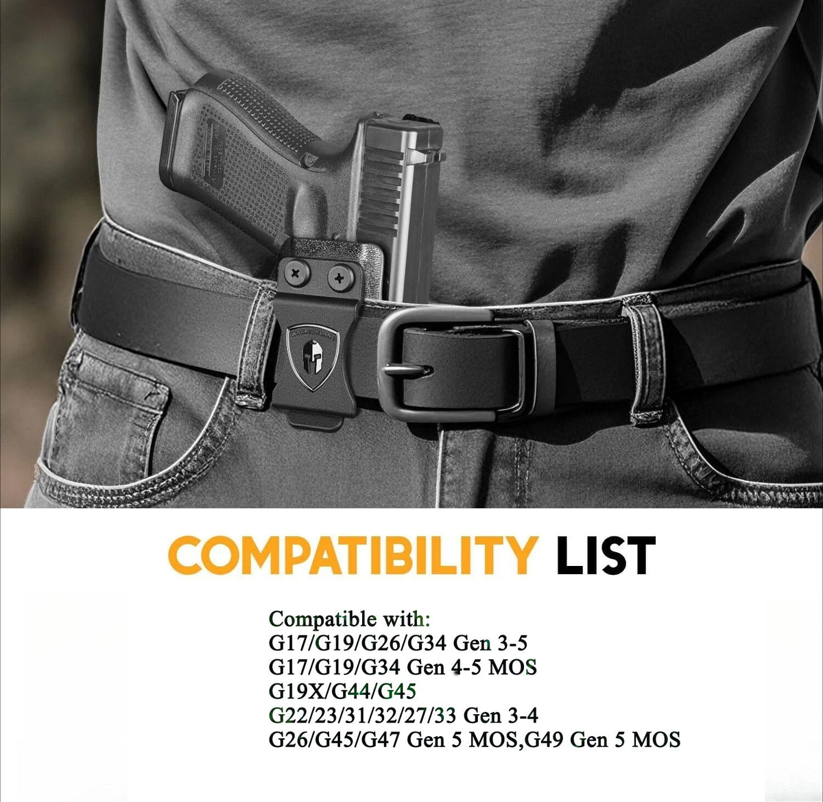 WARRIORLAND IWB Kydex Holster Compatible with Glock G17/G19/G26/G34/ Gen3-5  G17/G19 Gen4-5 MOS  G19X  G23/G32 Gen3-4  G26/G34 Gen5 MOS  G44  G45  G45 MOS, Inside Waistband Appendix Conceal Carry, with Claw & Adj. Retention & Cant, Right Hand.