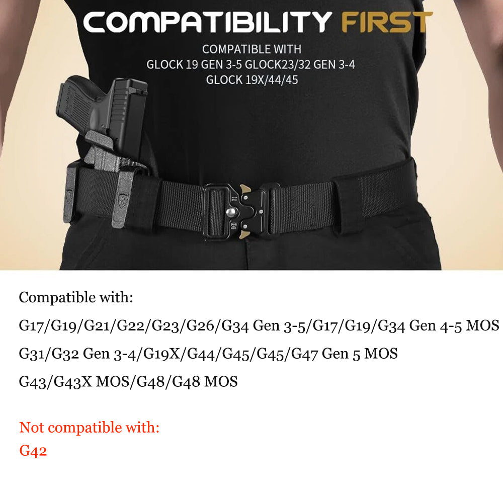 WARRIORLAND Hybrid Kydex & Nylon Holster, Optional for Glock 17/19/23/26/34 Gen3-5、G17/G19 Gen4-5 MOS G19X G21/G22 Gen5 G26/G34 Gen5 MOS G32 Gen3-4 G44 G45 G45 MOS G43 G43X G43X MOS G48 G48 MOS, Optics Cut & Open Muzzle, Concealed Carry Right Hand.