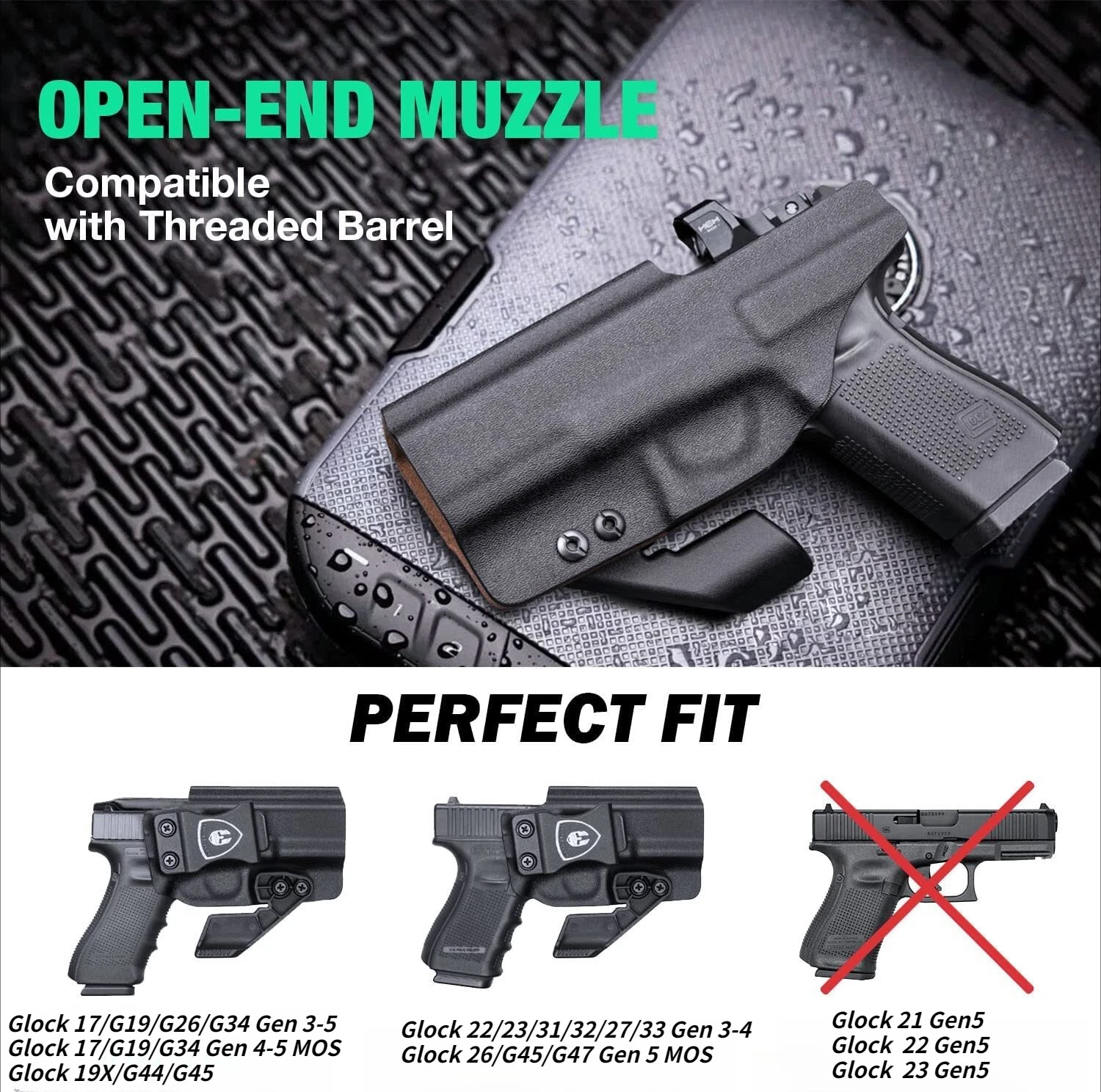 IWB Kydex Leather Lined Holsters with Optics Cut & Claw for Glock G17 Gen3-5 G19 Gen3-5 G19X G23 Gen3-4 G22 Gen3-4 G31 Gen3-4 G32 Gen3-4 G44 G45
