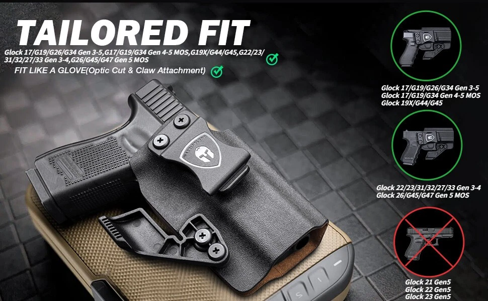 IWB Kydex Leather Lined Holsters with Optics Cut & Claw for Glock G17 Gen3-5 G19 Gen3-5 G19X G23 Gen3-4 G22 Gen3-4 G31 Gen3-4 G32 Gen3-4 G44 G45