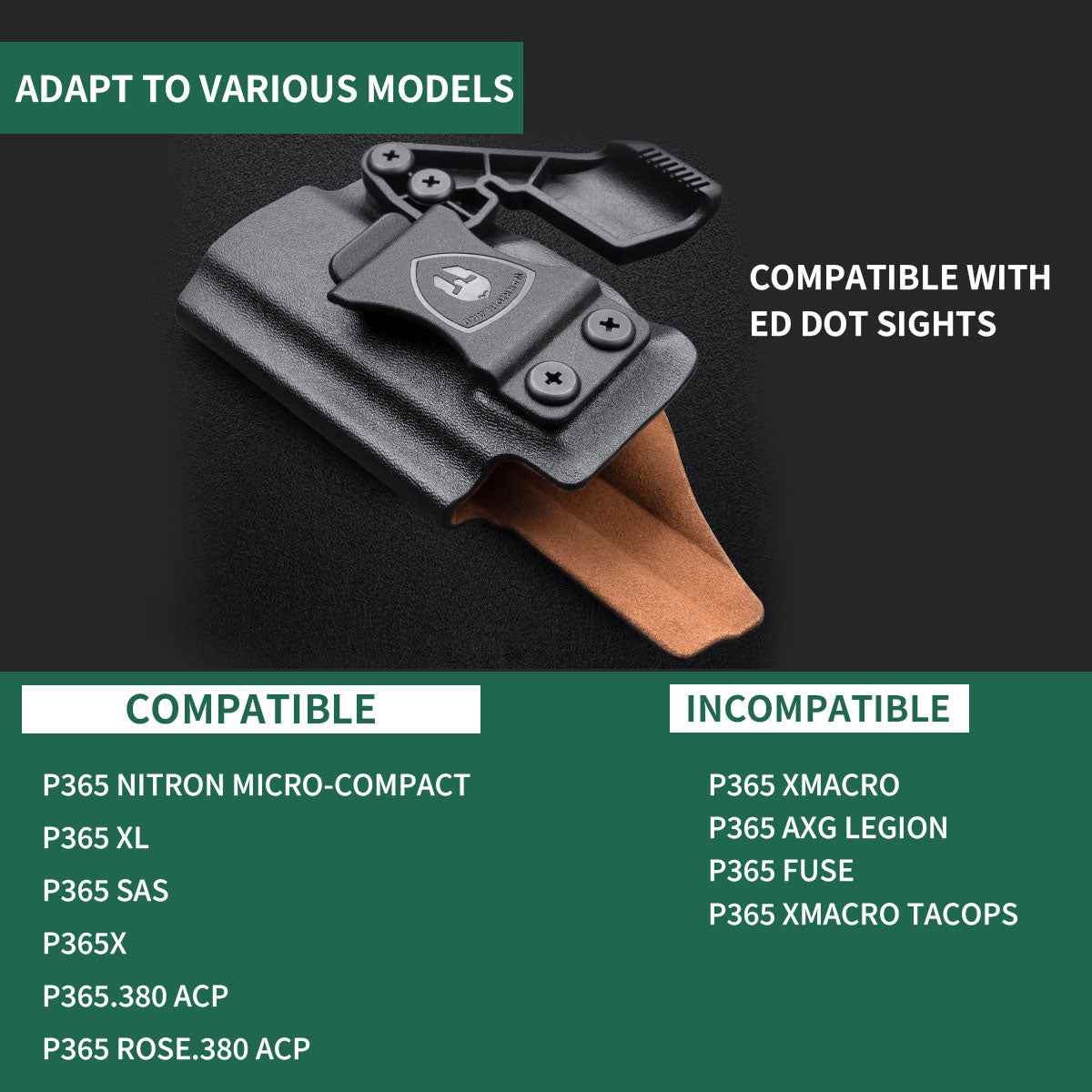 Sig Sauer P365 P365 XL P365 SAS P365X P365.380 ACP P365 ROSE.380 ACP Hybrid Kydex Leather Inside IWB Holster with Optics Cut & Claw, Right Hand | Warriorland