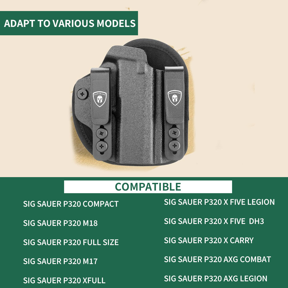 WARRIORLAND Hybrid Kydex & Nylon Holster, Optional for Sig Sauer P320 Full-Size / P320-M17/ P320 XFIVE Legion (P320 x5 Legion)/ P320 XFIVE DH3/ P320 AXG Combat / P320 AXG Legion / P320 XFULL, Optics Cut & Open Muzzle, Concealed Carry.