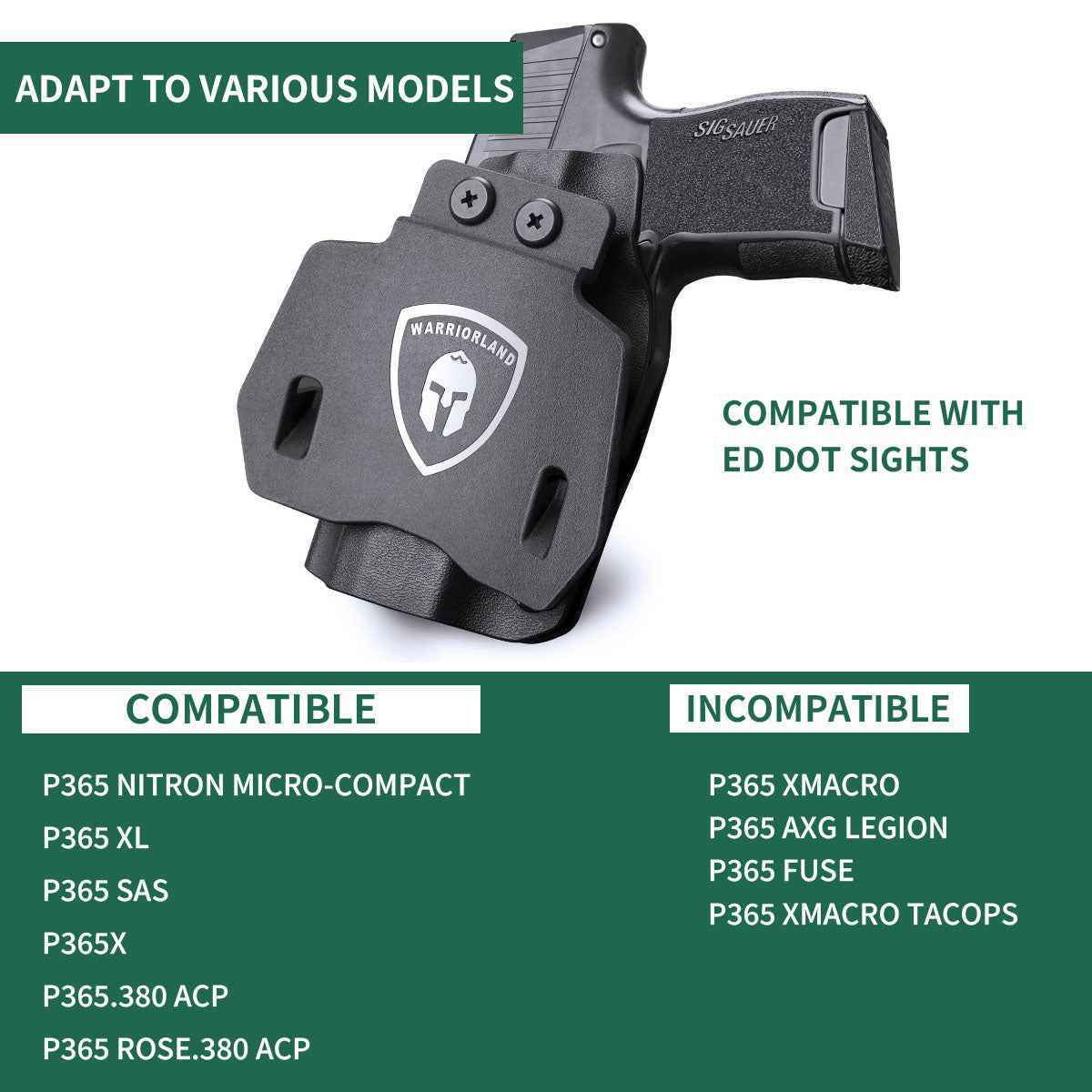 Sig Sauer P365 XL Open Carry OWB Paddle Holster,Fit P365 P365 XL P365 SAS P365X P365.380 ACP P365 ROSE.380 ACP Kydex Holster with Red Dot Cut, Right Hand | WARRIORLAND
