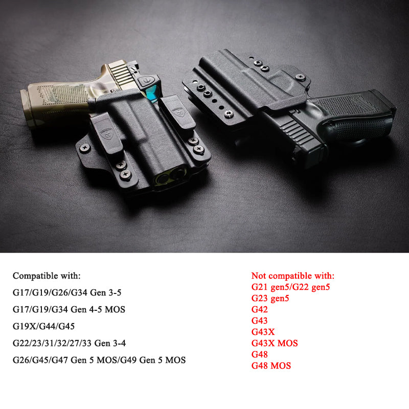IWB & OWB Convertible Holster, Fit Glock 17/19/26/34 Gen 3-5 & Glock 23/32 Gen 3-4,G17/G19 Gen4-5 MOS ,G19/G26/G34 Gen5 MOS G19X G19 Gen4 MOS G44 G45 G45 MOS Optic Ready, Adj Ride Height,Right Hand | Warriorland WARRIORLAND