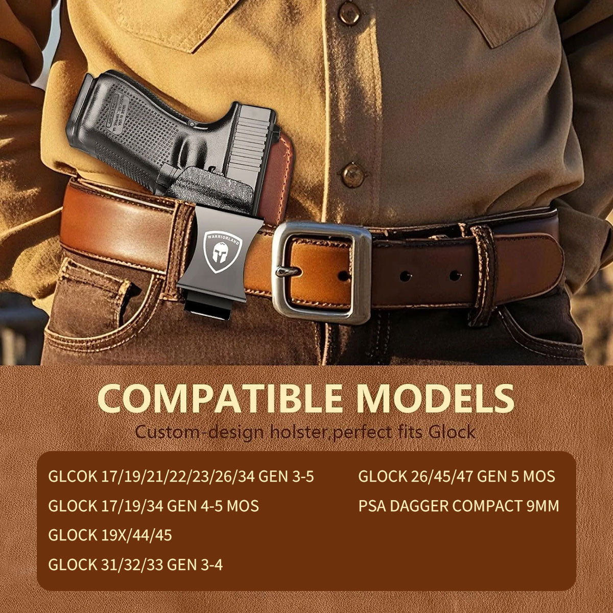 WARRIORLAND IWB Hybrid Holster Compatible with Glock 17/ 19 Gen 3-5 & 23/ 32 Gen 3-4 & G19X 44 45 & their MOS version, Concealed Carry Polymer & Leather Holster with Claw/Optics Cut Ready, Right Hand(Brown)