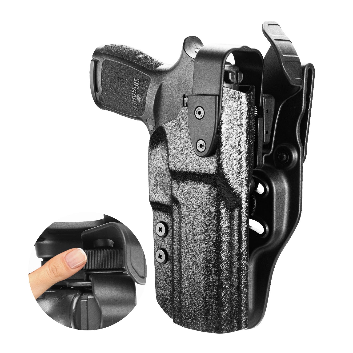 P320 Holster Level II Retention w/Hook Guard & Rotating Hood: Sig Sauer P320 Full Size/Compact/ P320 M17/P320 M18/P320 X Carry/P320 XFM/P320 AXG Combat/P320 X Five, Outside Waistband Holster Sig P320, Adj. Retention & Ride Height, Right|WARRIORLAND WARRIORLAND
