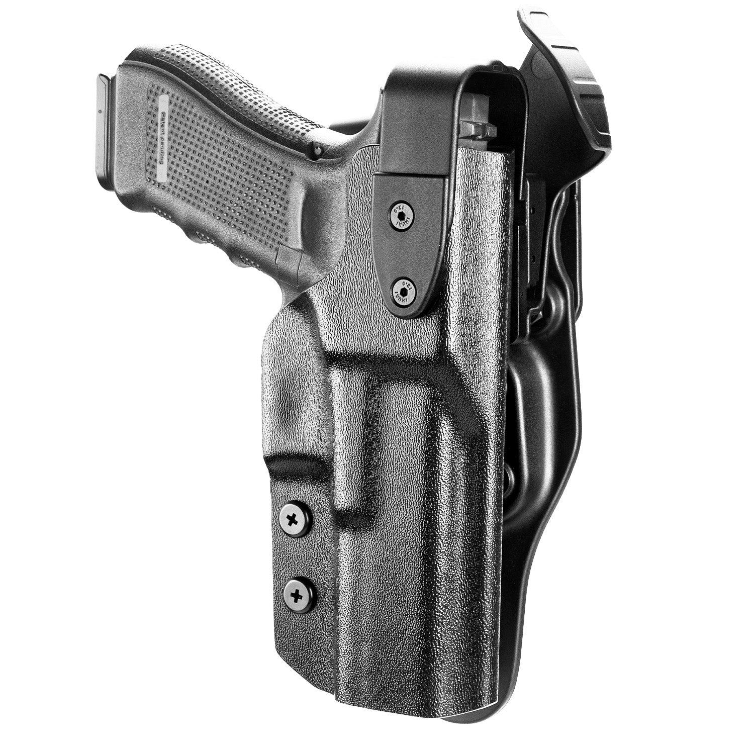Glock 17 Holster Level II Retention w/Hook Guard & Rotating Hood: Glock G17/G19/G34 Gen3-5 G19X G23/G22/G31/G32 Gen3-4 G44 G45, 2.25 Inch Outside Waistband Holster G17, Adj. Retention & Ride Height, Right|WARRIORLAND WARRIORLAND