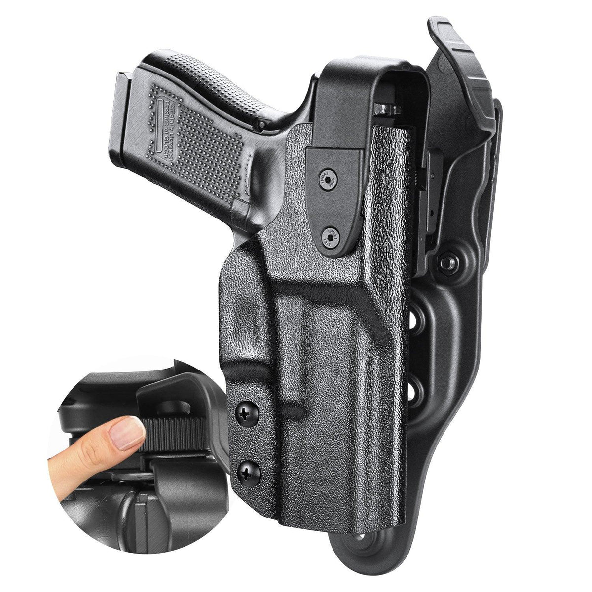 Glock 19  Holster Level II Retention w/Hook Guard & Rotating Hood: Glock 17 Gen3-5 G19 Gen3-5  G19X  G23 Gen3-4  G26 Gen3-5   G32 Gen3-4  G34 Gen3-5   G44  G45, 2.25 , Adj. Retention & Ride Height, Right Hand|WARRIORLAND WARRIORLAND