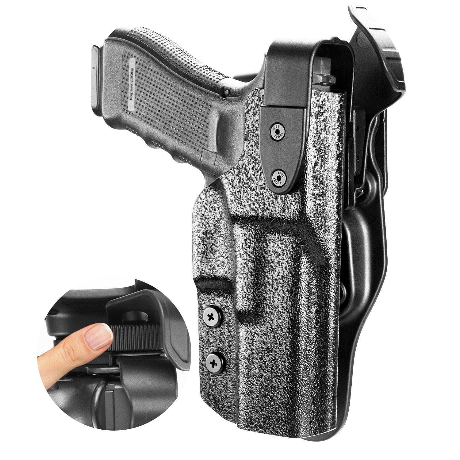 Glock 17 Holster Level II Retention w/Hook Guard & Rotating Hood: Glock G17/G19/G34 Gen3-5 G19X G23/G22/G31/G32 Gen3-4 G44 G45, 2.25 Inch Outside Waistband Holster G17, Adj. Retention & Ride Height, Right|WARRIORLAND WARRIORLAND