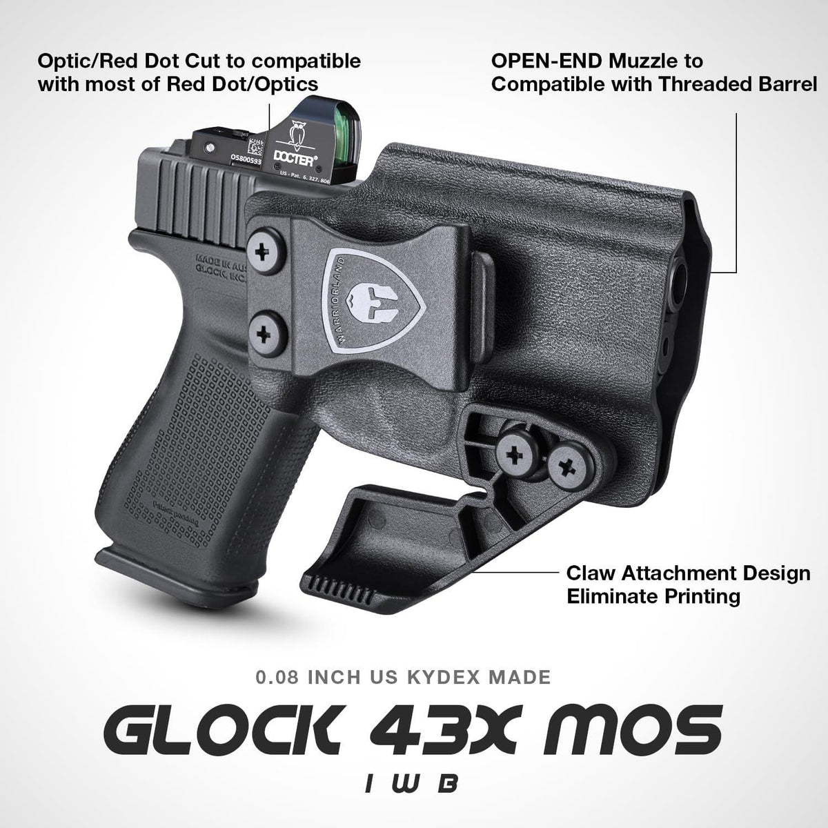 Glock 43X MOS IWB Kydex Holster with Claw, Also Fit 43/43x Red Dot Optics Ready Holster, Appendix Concealment Carry for Fat Guys, Right Hand | WARRIORLAND WARRIORLAND