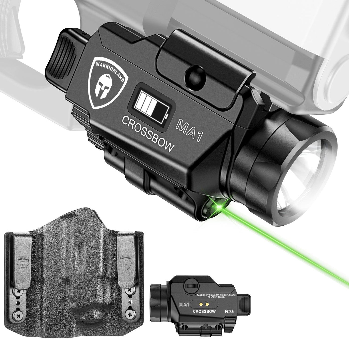 WARRIORLAND MA1 Laser Light Combo Holster, Fit for Glock 17/19 Gen 3-5 & 22/23/ 31/32 Gen 3-4 & Glock 19X/ 44/45, Compact 800 Lumen LED Gun Flashlight and Green Laser & OWB Holster, Rechargeable - WARRIORLAND
