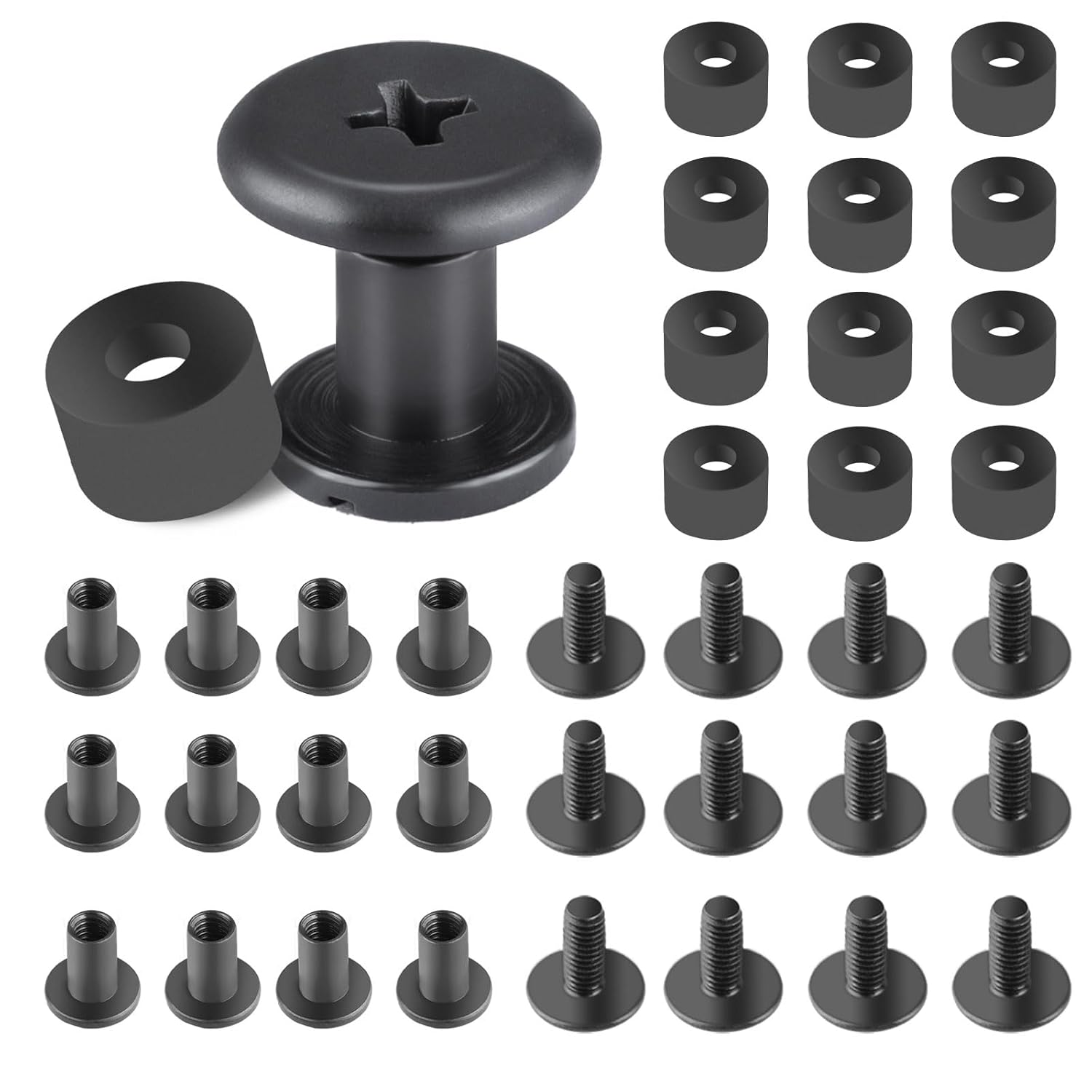 WARRIORLAND Pack of 12 Black Chicago Screws, DIY Screw Kits for Kydex & Leather Gun Holsters/Clips and Knife Sheaths, Includes Phillips Truss Heads + Open Slotted Fasteners + Rubber Washers/Spacers
