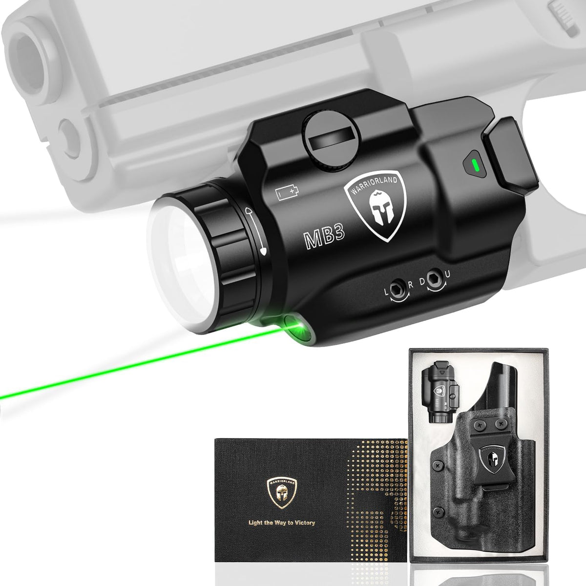 WARRIORLAND MB3 Pistol Light and Custom Kydex Holster, Fit for S&W SD9 VE / SD40 VE, Compact 500 Lumens Universal Rail Mounted Tactical Weapon Light with Green Laser & White LED, Power Indicator.
