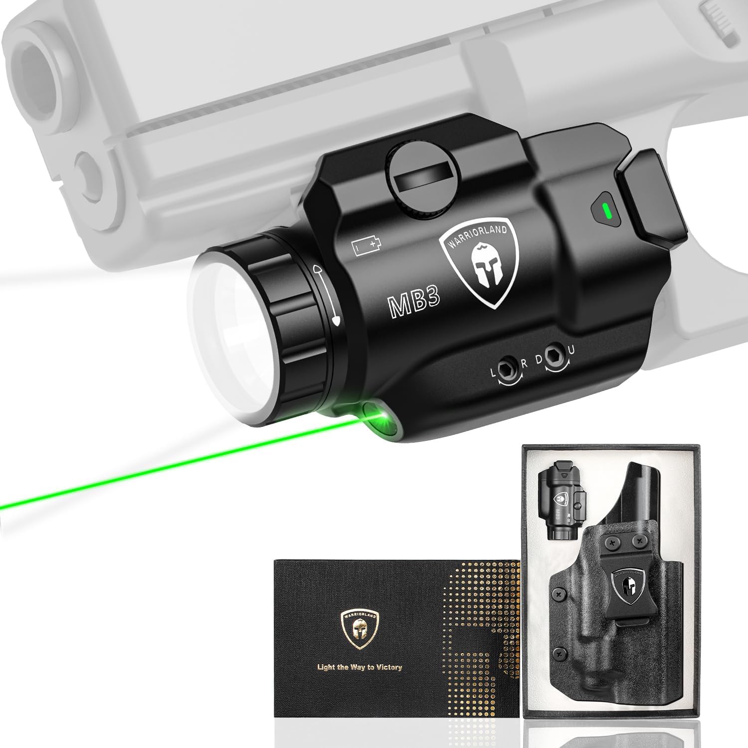 WARRIORLAND MB3 Pistol Light and Custom Kydex Holster, Fit for S&W SD9 VE / SD40 VE, Compact 500 Lumens Universal Rail Mounted Tactical Weapon Light with Green Laser & White LED, Power Indicator.