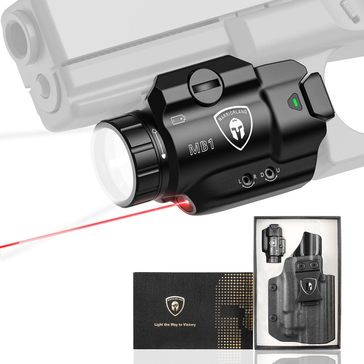 WARRIORLAND MB1 Pistol Light and Custom Kydex Holster, Fit for Sig Sauer P320 Compact M18, Compact 500 Lumens Universal Rail Mounted Tactical Weapon Light with Red Laser & White LED, Power Indicator WARRIORLAND
