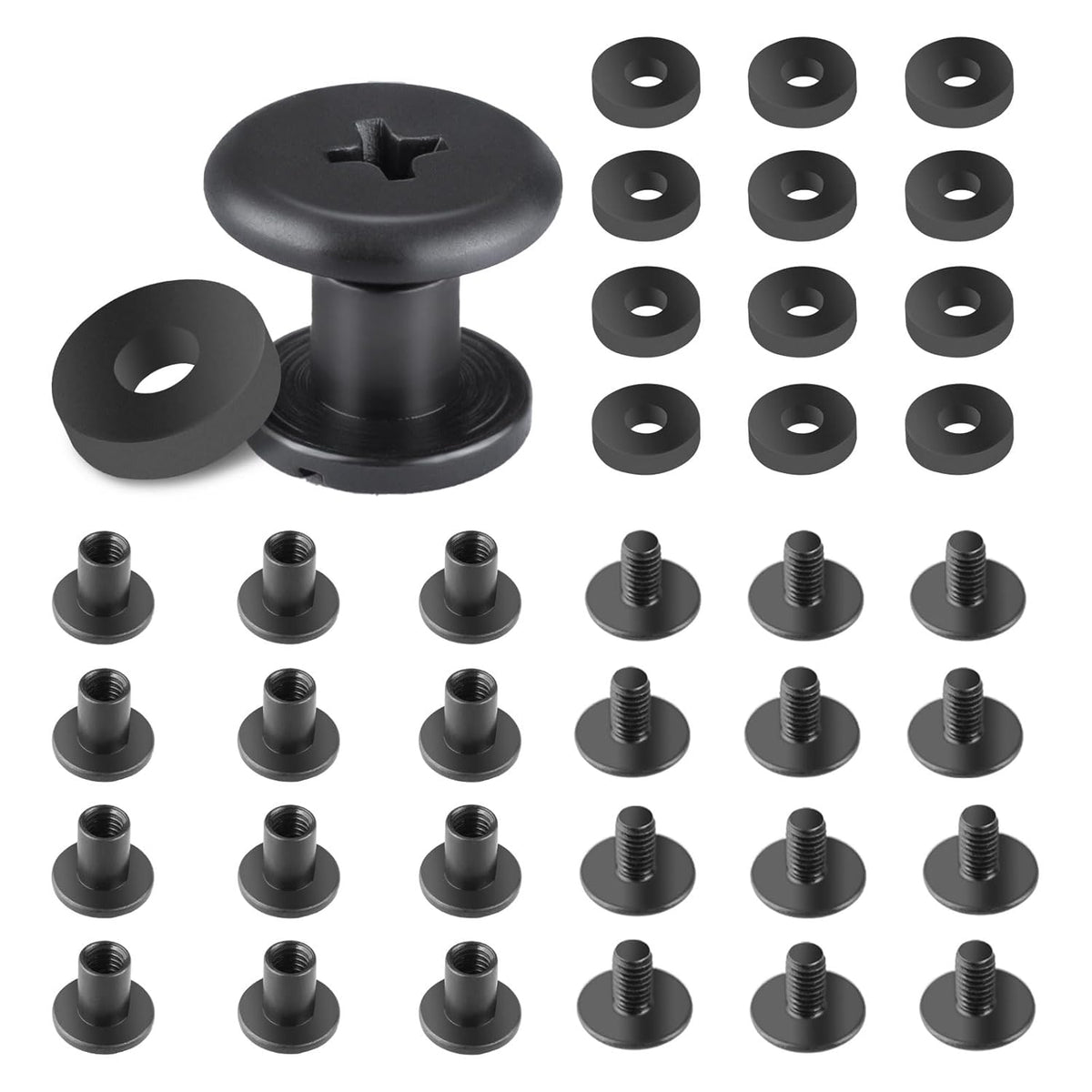 WARRIORLAND 12-Pack Black Chicago Screws, DIY Screw Kits for Kydex & Leather Gun Holsters/Clips and Knife Sheaths, Includes Phillips Truss Heads + Open Slotted Fasteners + Rubber Washers/Spacers.