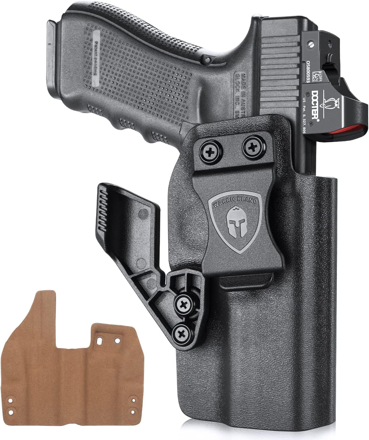 Glock G19 Gen3-5  G19X  G23 Gen3-4  G26 Gen3-5   G32 Gen3-4  G44  G45 IWB Kydex Leather Lined Holsters with Optics Cut & Claw, Right Hand WARRIORLAND