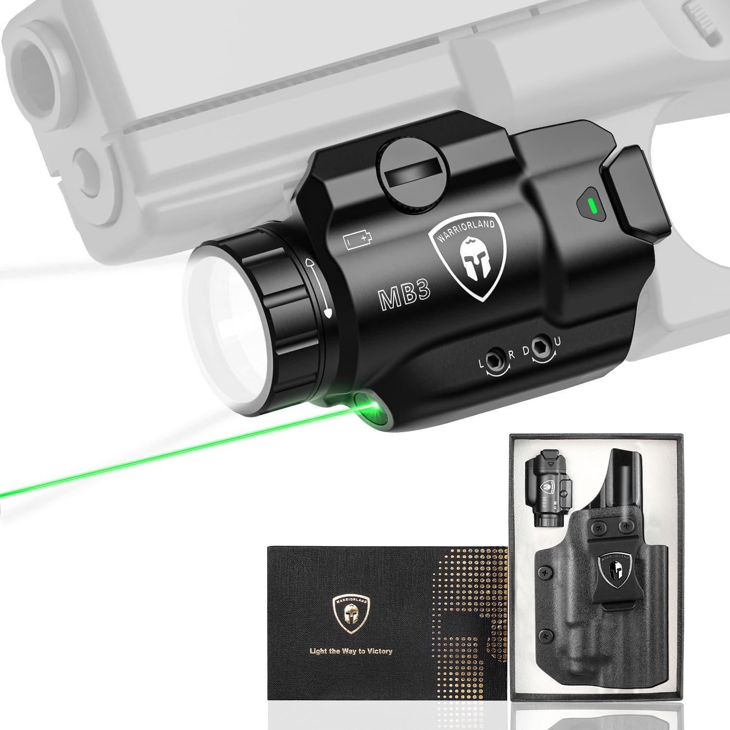 WARRIORLAND MB3 Pistol Light and Kydex Holster, Fit for S&W M&P 9 M2.0/M1.0 Compact 4.0'', Compact 500 Lumens Universal Rail Mounted Tactical Weapon Light with Green Laser & White LED, Power Indicator.
