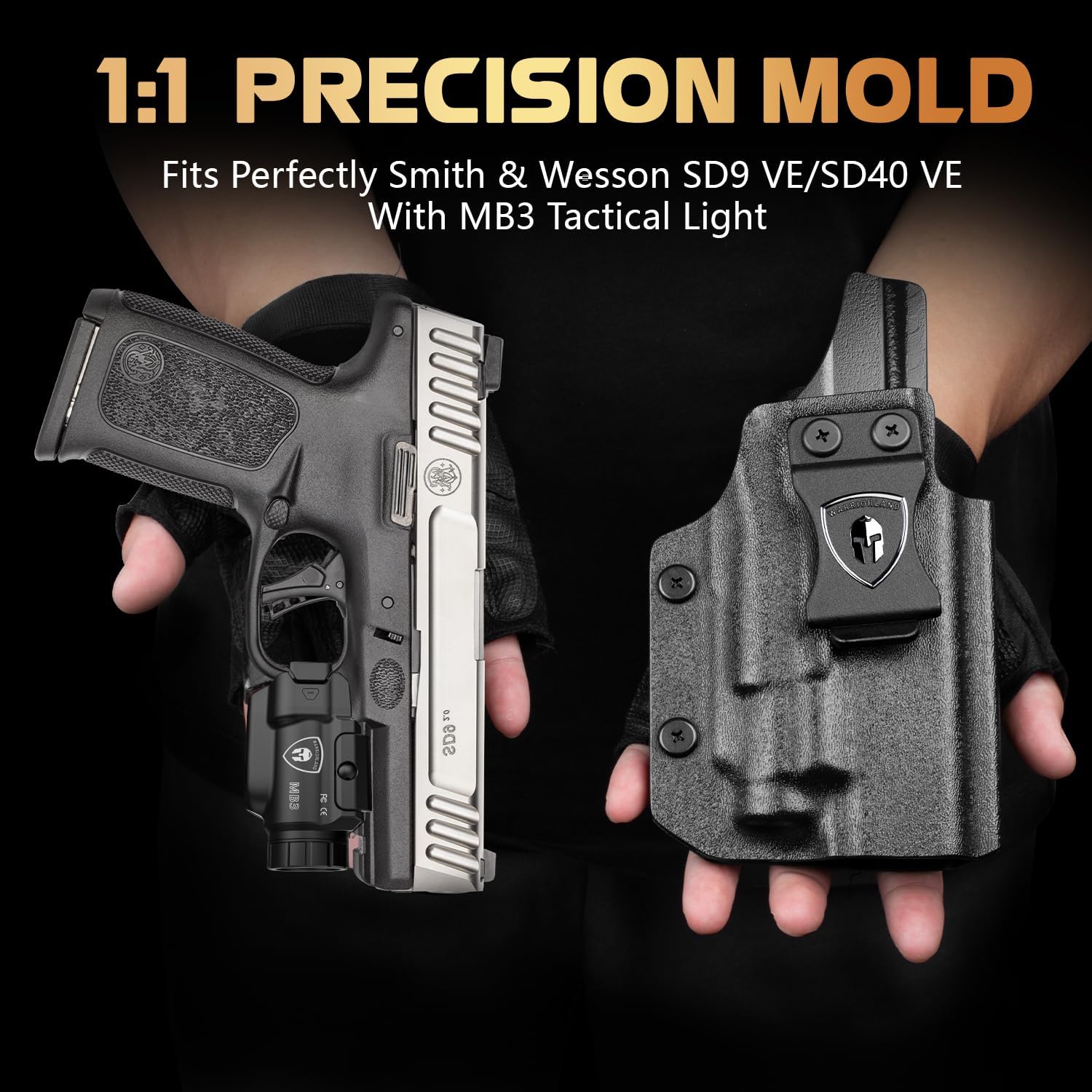 WARRIORLAND MB3 Pistol Light and Custom Kydex Holster, Fit for S&W SD9 VE / SD40 VE, Compact 500 Lumens Universal Rail Mounted Tactical Weapon Light with Green Laser & White LED, Power Indicator.