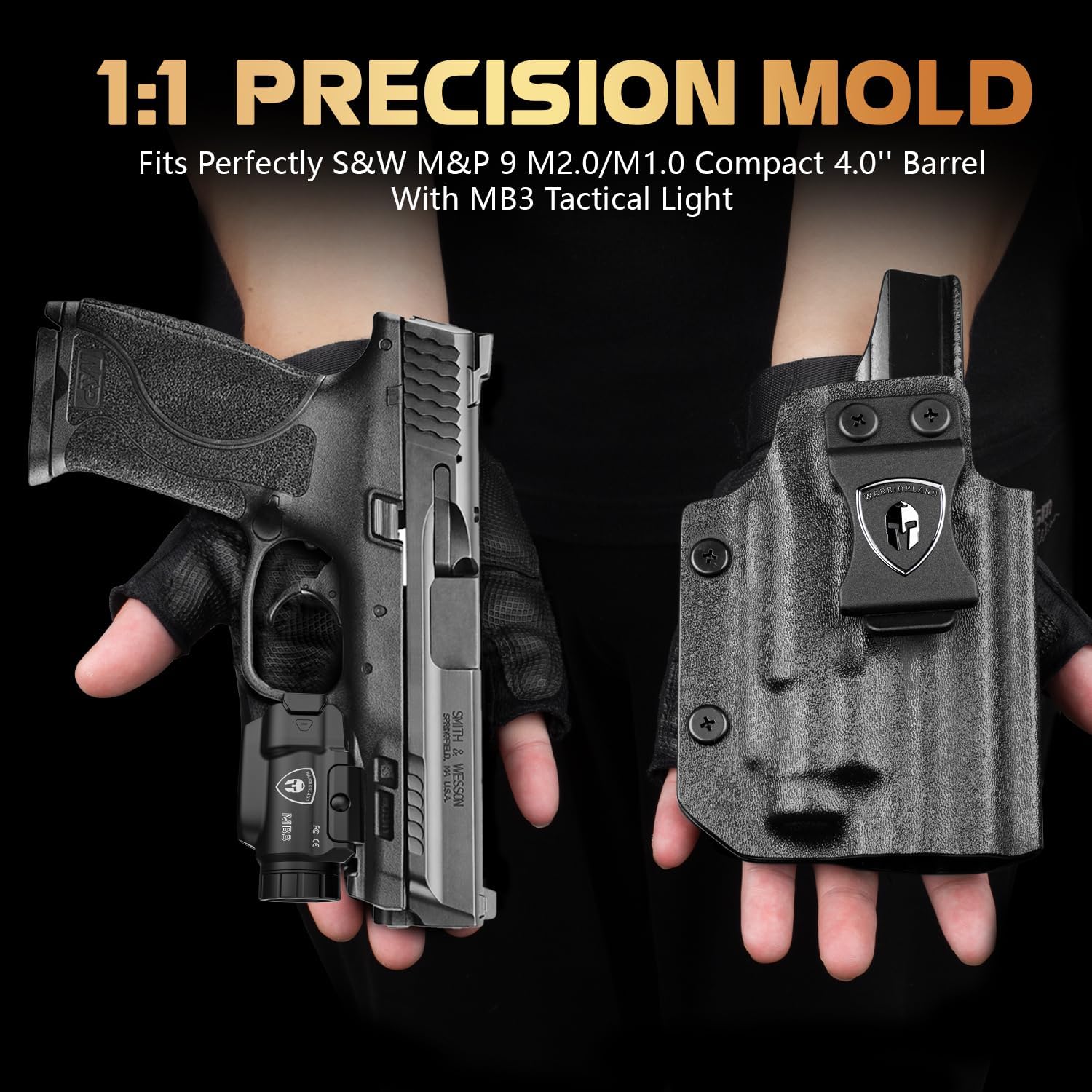 WARRIORLAND MB3 Pistol Light and Kydex Holster, Fit for S&W M&P 9 M2.0/M1.0 Compact 4.0'', Compact 500 Lumens Universal Rail Mounted Tactical Weapon Light with Green Laser & White LED, Power Indicator.