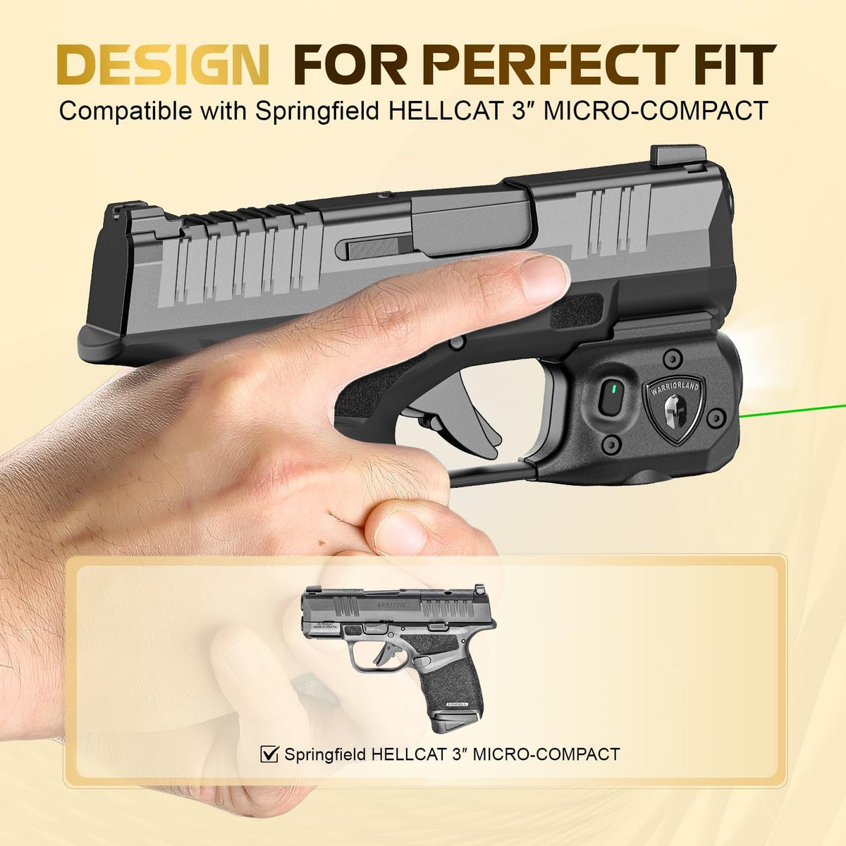 WARRIORLAND Pistol Light Laser Combo, Compatible with Springfield Hellcat, Not Fits Hellcat Pro, Compact Trigger Mounted Tactical 150-Lumen LED & Green Laser Light, Power Indicator, SLL-118G.