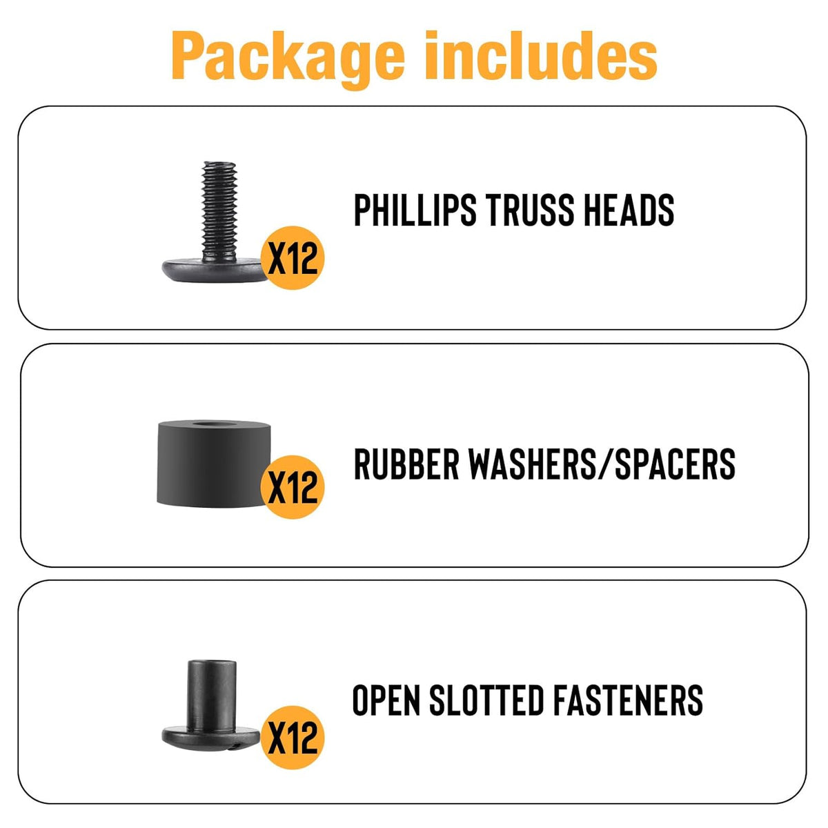 WARRIORLAND Pack of 12 Black Chicago Screws, DIY Screw Kits for Kydex & Leather Gun Holsters/Clips and Knife Sheaths, Includes Phillips Truss Heads + Open Slotted Fasteners + Rubber Washers/Spacers.