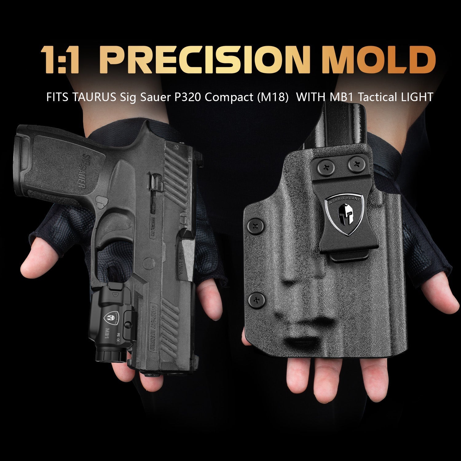 WARRIORLAND MB1 Pistol Light and Custom Kydex Holster, Fit for Sig Sauer P320 Compact M18, Compact 500 Lumens Universal Rail Mounted Tactical Weapon Light with Red Laser & White LED, Power Indicator WARRIORLAND