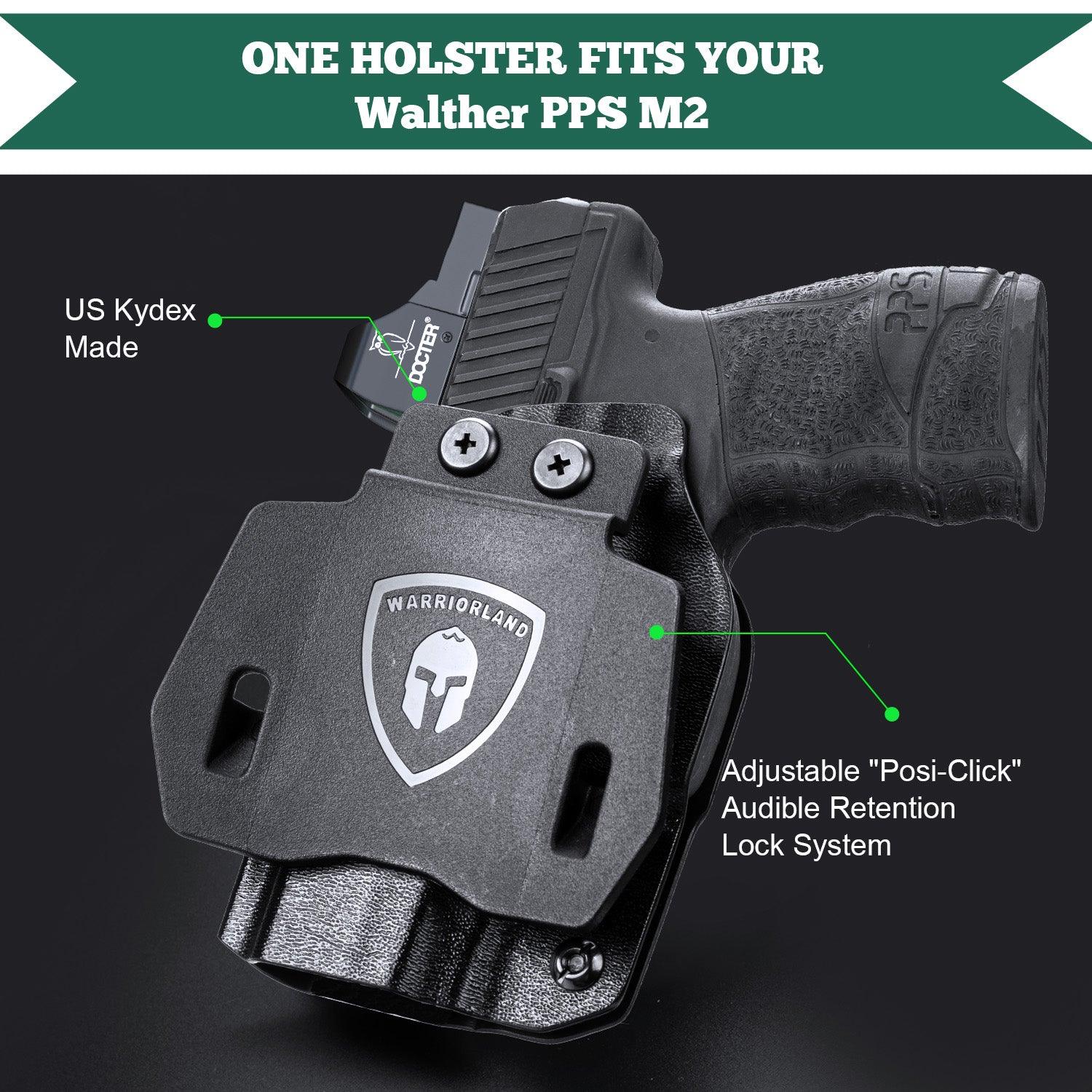 Walther PPS M2 OWB Holster Kydex Made Optics Cut: Walther PPS M2 Pistol, Outside Waistband Open Carry PPS M2 Holster with 1.75 Inch Paddle, Adj. Retention & Cant, Right Hand|WARRIORLAND WARRIORLAND