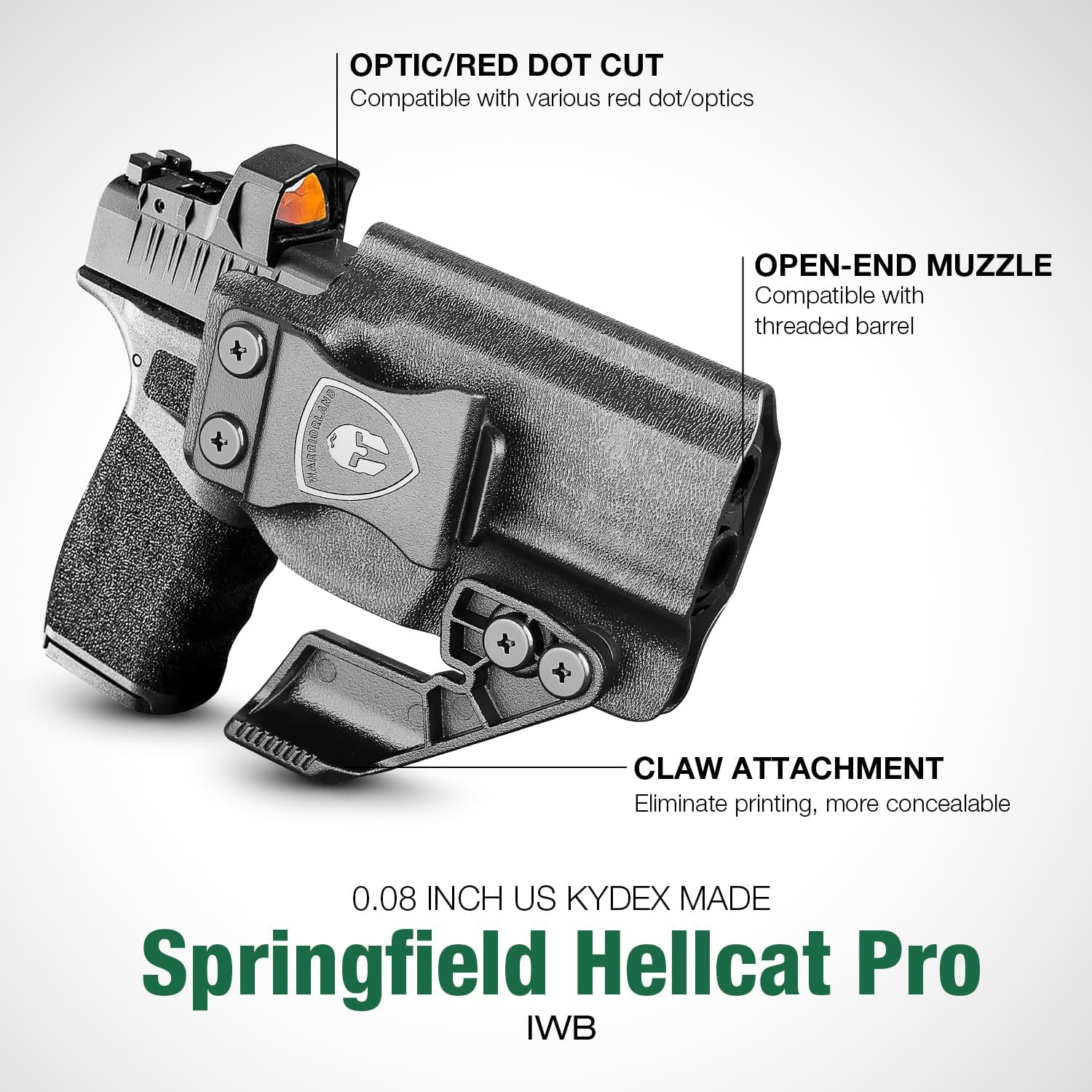 WARRIORLAND IWB Kydex Holster Optic Cut & Claw Compatible with Springfield Hellcat Pro, Inside Waistband Conceal Carry, Adj. Cant and Retention, Right Hand.