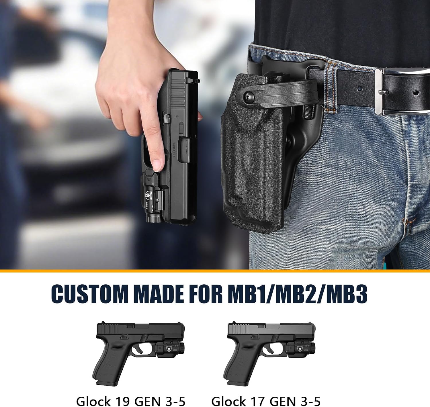 WARRIORLAND OWB Kydex Holster light bearing holster for Glock 17/19 Gen 3-5 - Thumb Release - Level II Retention - MB1/MB2/MB3 Compatible - Right Hand.
