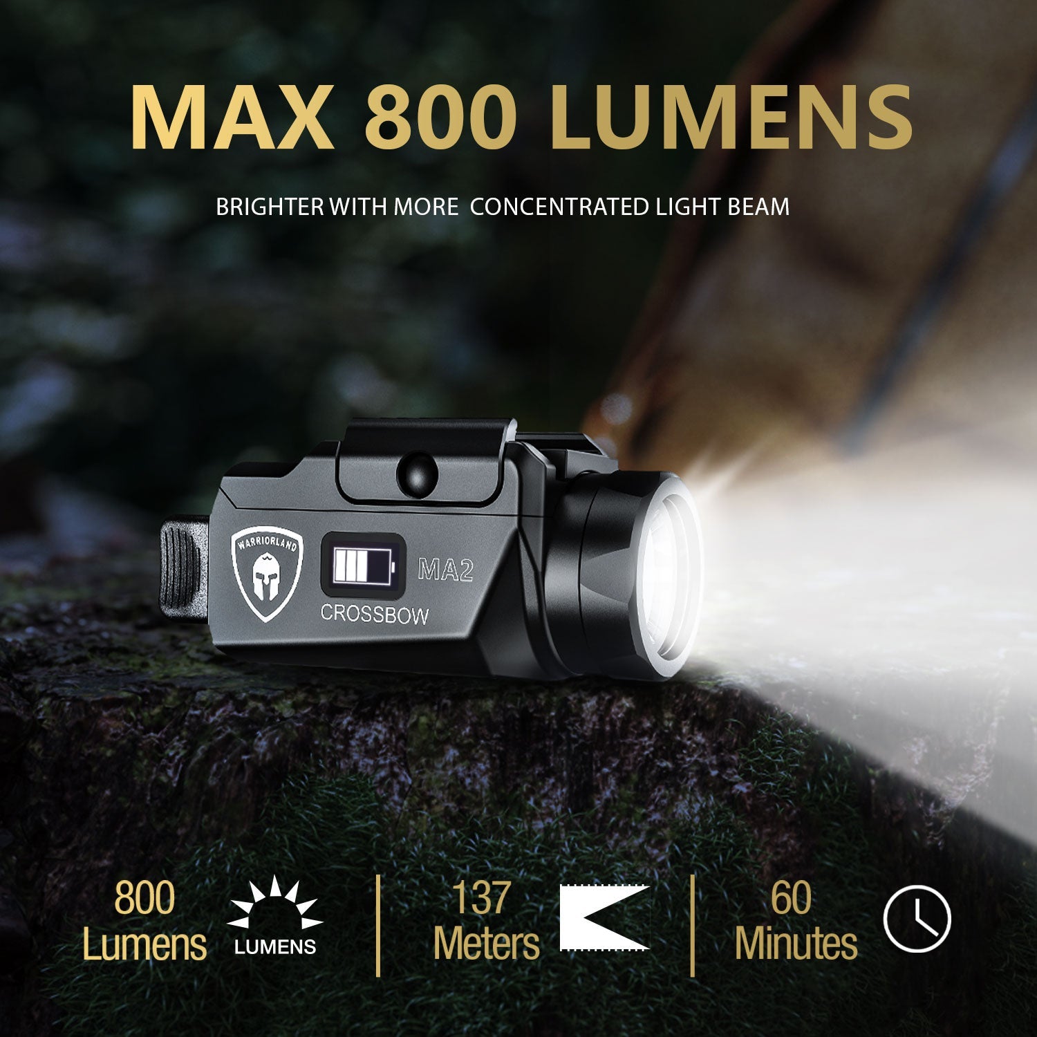 Universal Light with Glock 17/19 KYDEX Holster Combo, 800 Lumens Pistol Light for Glock 19, Magnetic USB Charging Universal Weapon Light-Screen Displays Battery Status, Crossbow MA2|WARRIORLAND WARRIORLAND