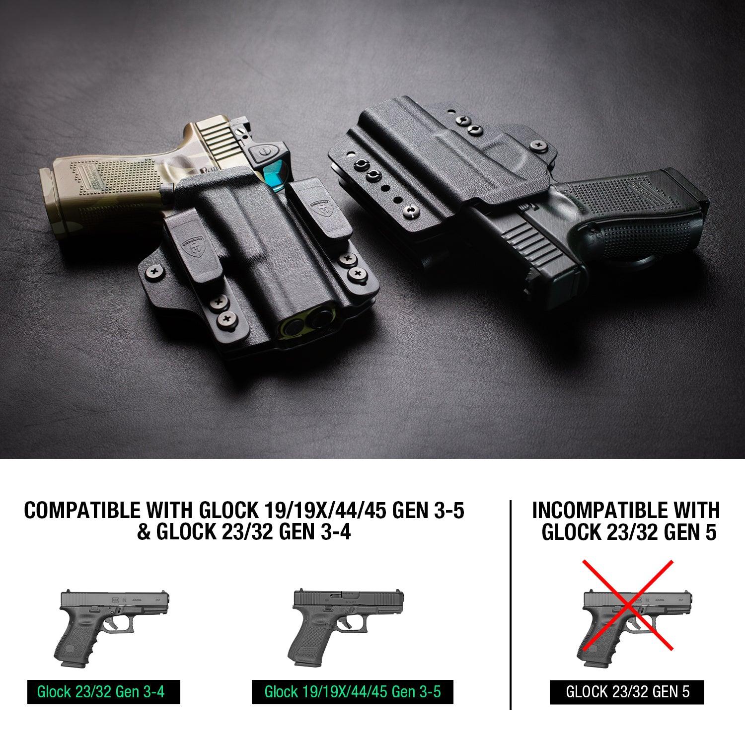 IWB & OWB Convertible Holster, Fit Glock 17/19/26/34 Gen 3-5 & Glock 23/32 Gen 3-4,G17/G19 Gen4-5 MOS ,G19/G26/G34 Gen5 MOS G19X G19 Gen4 MOS G44 G45 G45 MOS Optic Ready, Adj Ride Height,Right Hand | Warriorland WARRIORLAND