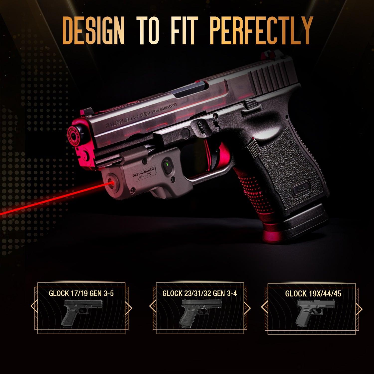WARRIORLAND WLS-104 Laser Sight Designed to fit Glock 17/19/19X/23/31/32/44/45, Red Laser Sight with Power Indicator, Custom-made Kydex Holster Included, Windage and Elevation Adjustment WARRIORLAND