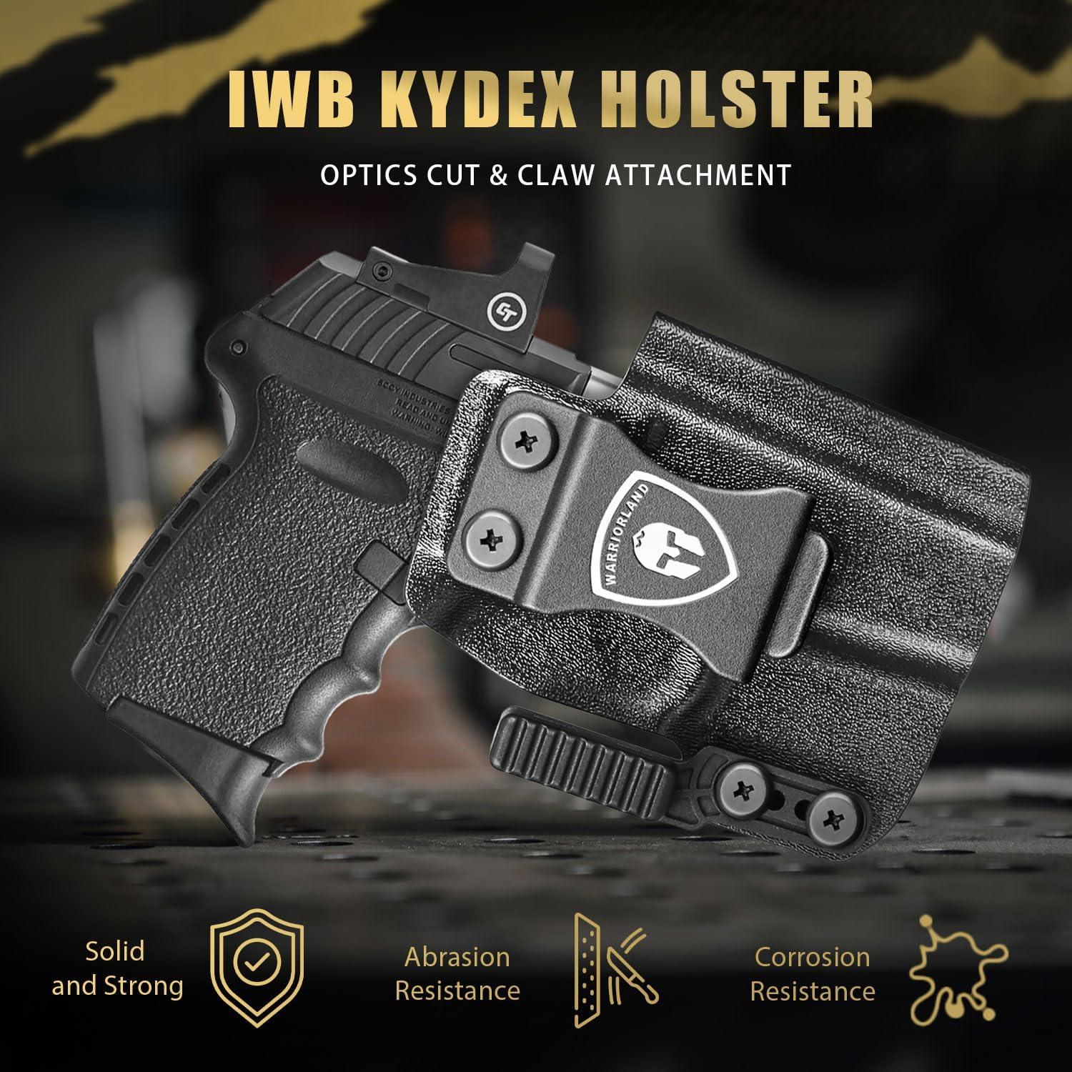IWB Kydex Holster with Claw Attachment and Optic Cut Fit SCCY CPX-1 & CPX-2 GEN 1-2 Pistol - Not Fit GEN 3, Inside Waistband Appendix Carry SCCY Holster, Adj. Cant & Retention, Right Hand|WARRIORLAND WARRIORLAND