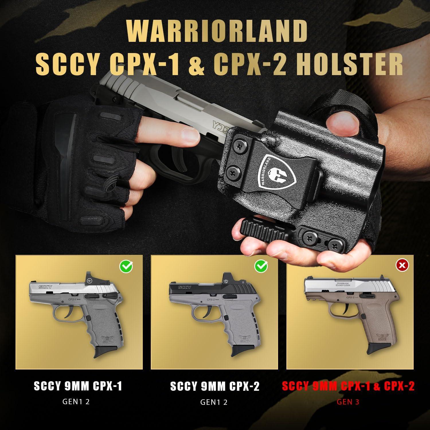 IWB Kydex Holster with Claw Attachment and Optic Cut Fit SCCY CPX-1 & CPX-2 GEN 1-2 Pistol - Not Fit GEN 3, Inside Waistband Appendix Carry SCCY Holster, Adj. Cant & Retention, Right Hand|WARRIORLAND WARRIORLAND