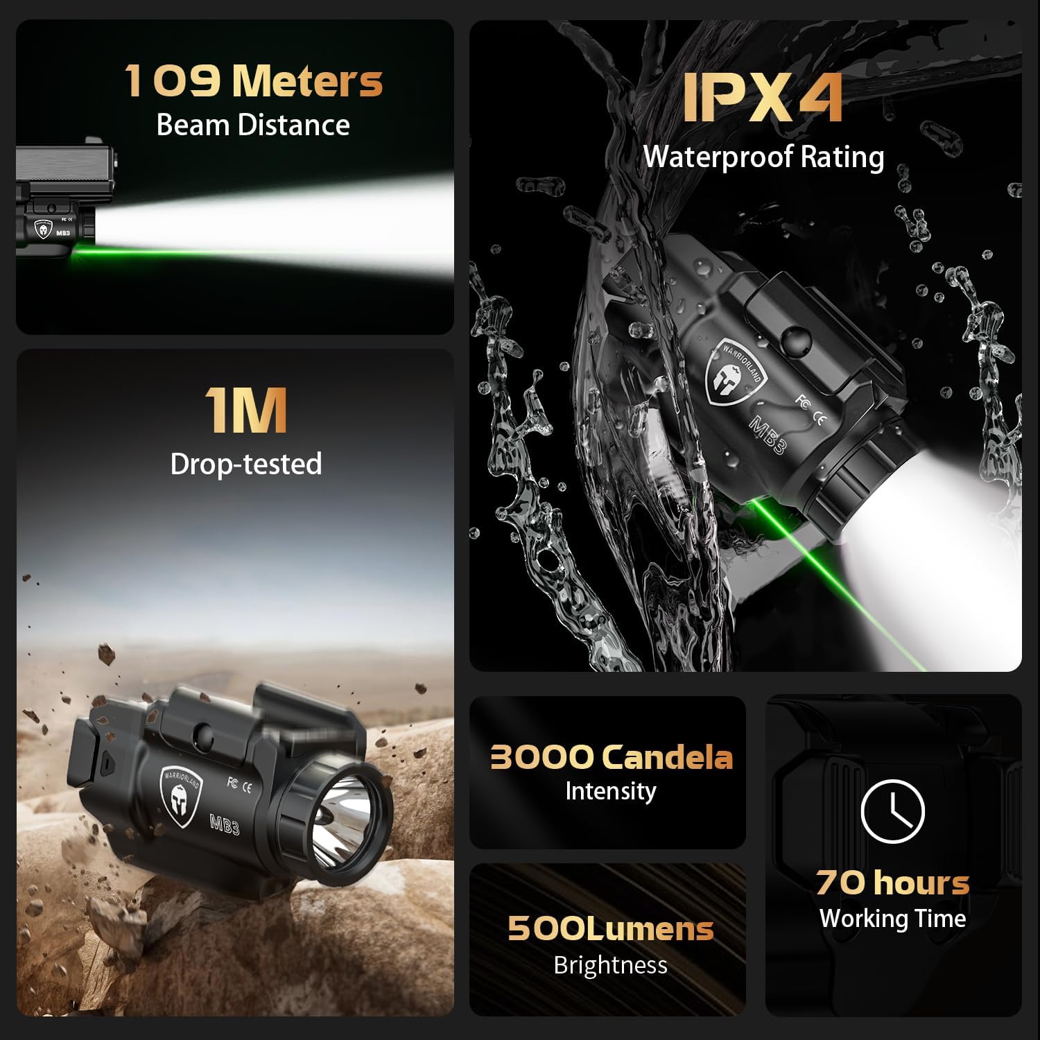 WARRIORLAND MB3 Pistol Light and Custom Kydex Holster, Fit for Sig P320 Full Size & P320-M17, Compact 500 Lumens Universal Rail Mounted Tactical Light with Green Laser & White LED, Power Indicator WARRIORLAND