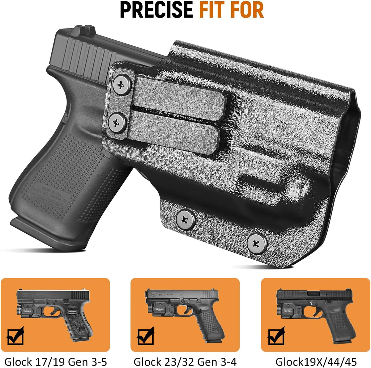 IWB Kydex Holster for Glock 19 with TLR8/ TLR8A, Fit Glock 17/19 Gen 3-5, 23/32 Gen 3-4 & 19X/ 44/45, Inside Waistband Conceal Carry, Optic Cut, Adj. Cant & Retention, Right Hand.