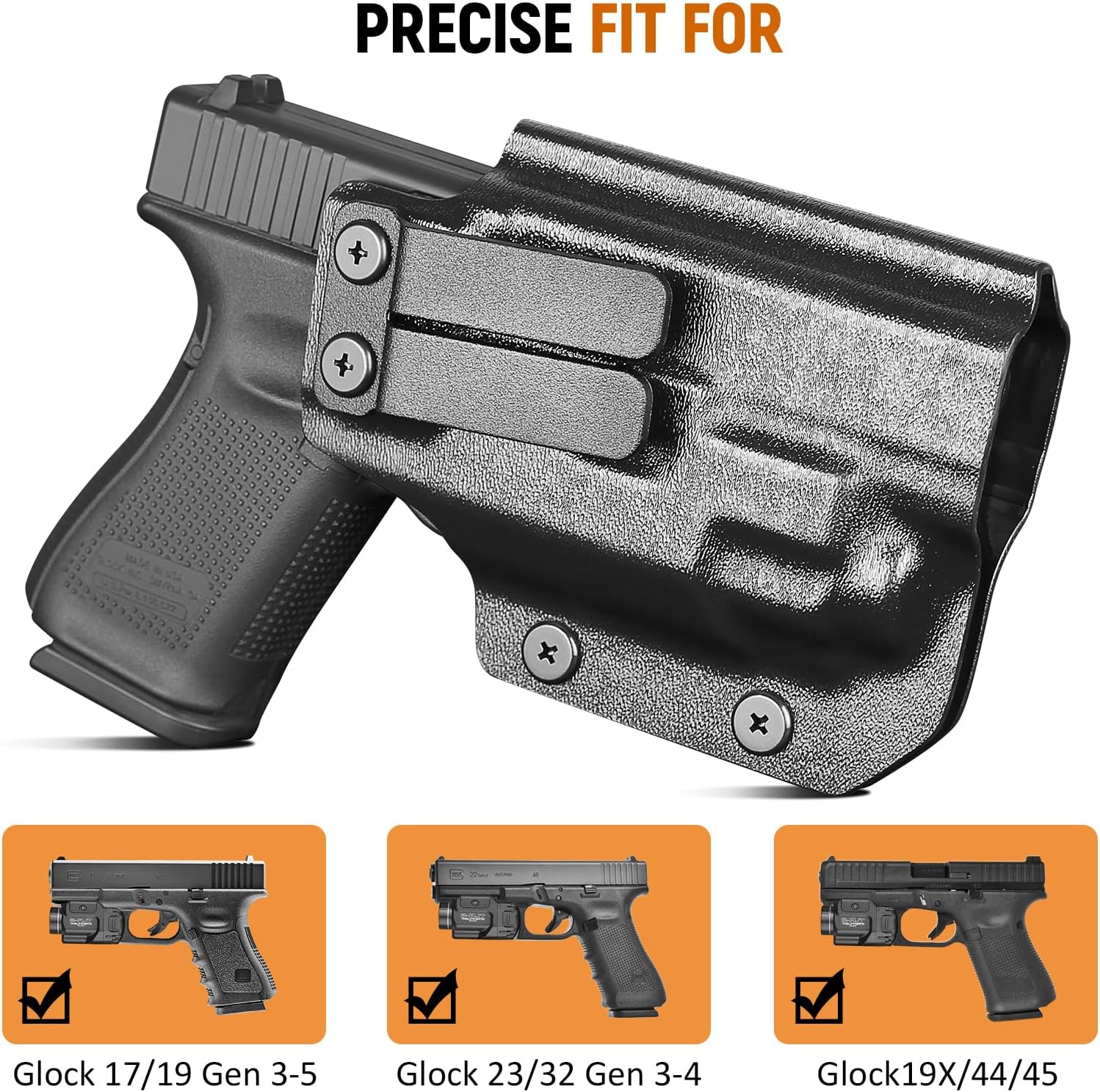 IWB Kydex Holster for Glock 19 with TLR8/ TLR8A, Fit Glock 17/19 Gen 3-5, 23/32 Gen 3-4 & 19X/ 44/45, Inside Waistband Conceal Carry, Optic Cut, Adj. Cant & Retention, Right Hand.