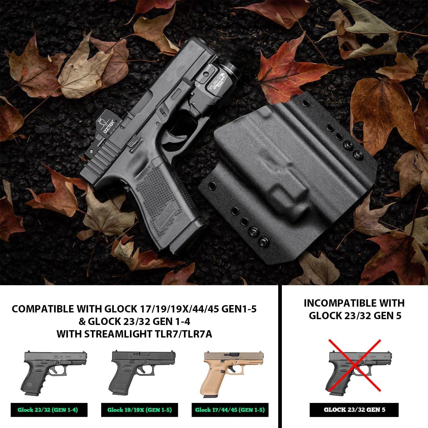 Glock 17/19 TLR7/TLR7A Holster OWB Kydex Holster Optic Cut Fit: Glock 17 G19 G44 G45 GEN 1-5 G23 G32 Gen 3-4 w/TLR-7 TLR-7A, Outside Waistband Carry Holster, Right Hand | Warriorland WARRIORLAND