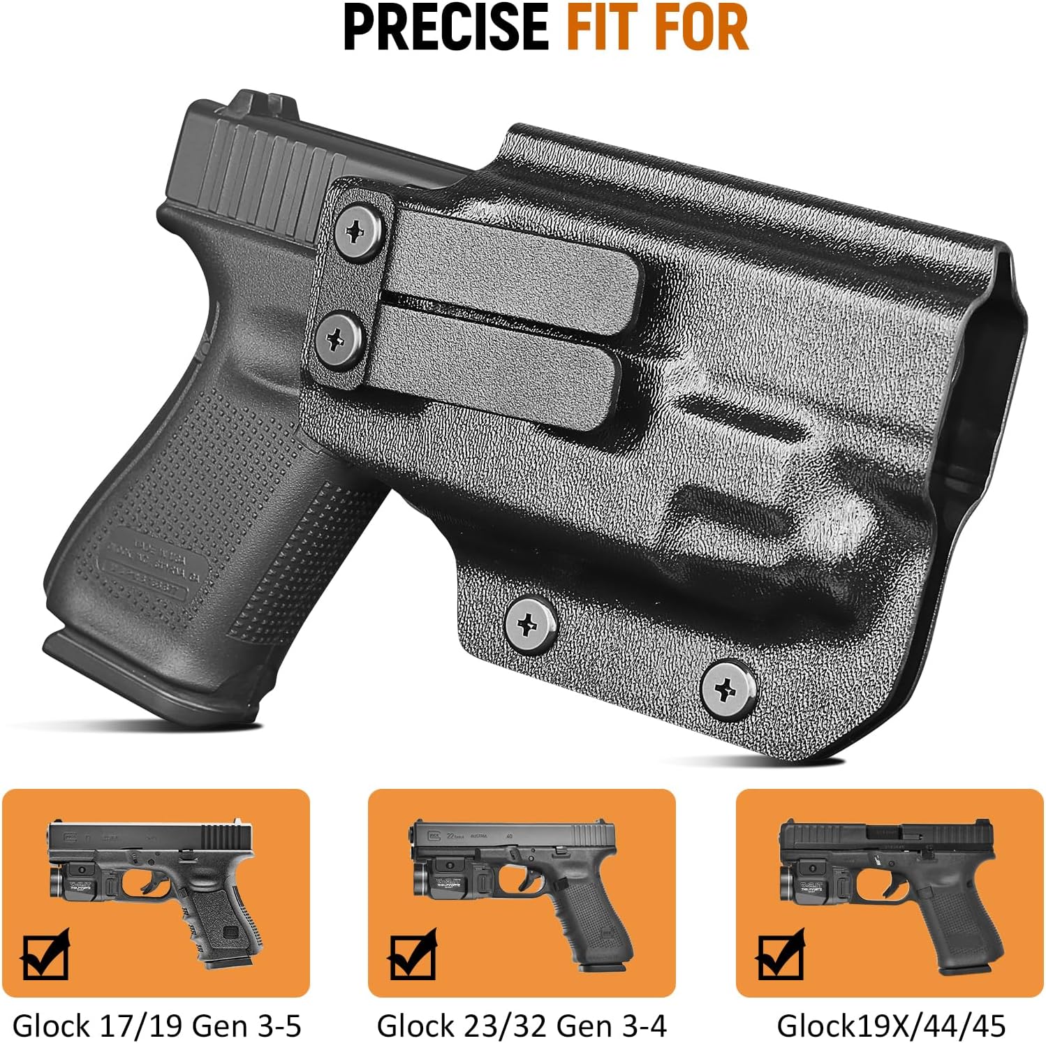 IWB Kydex Holster for Glock 19 with TLR7/ TLR7A, Fit Glock 17/19 Gen 3-5, 23/32 Gen 3-4 & 19X/ 44/45, Inside Waistband Conceal Carry, Optic Cut, Adj. Cant & Retention, Right Hand.