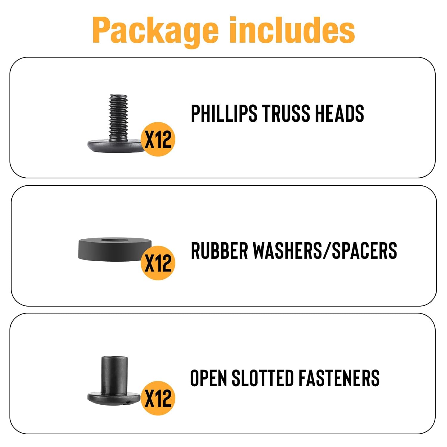 WARRIORLAND 12-Pack Black Chicago Screws, DIY Screw Kits for Kydex & Leather Gun Holsters/Clips and Knife Sheaths, Includes Phillips Truss Heads + Open Slotted Fasteners + Rubber Washers/Spacers.