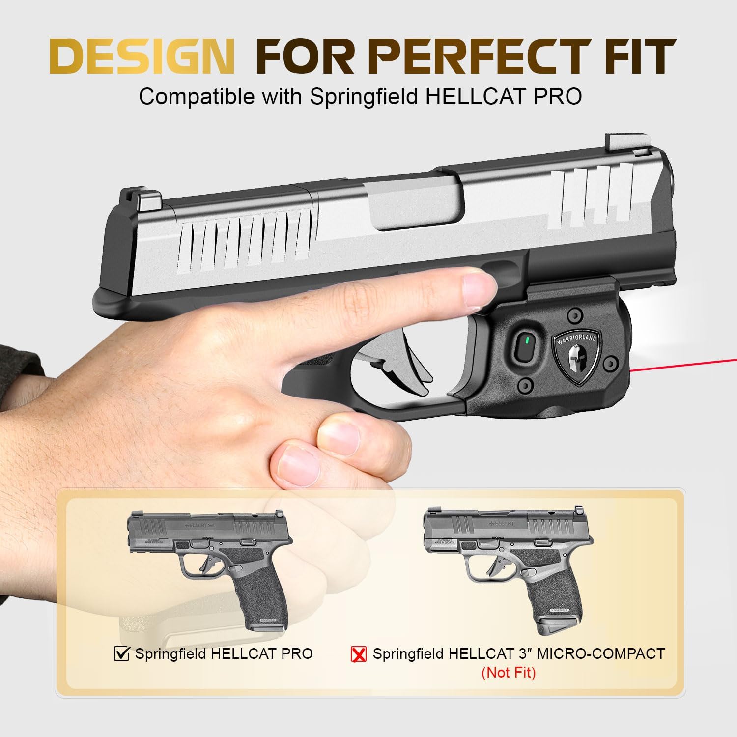 WARRIORLAND SLL-110 Pistol Light Laser – Fits Springfield Hellcat Pro | 150-Lumen Trigger Mounted Tactical Light with Red Laser, White LED, Power Indicator & 3 Modes (Strobe/Constant/Laser Only).