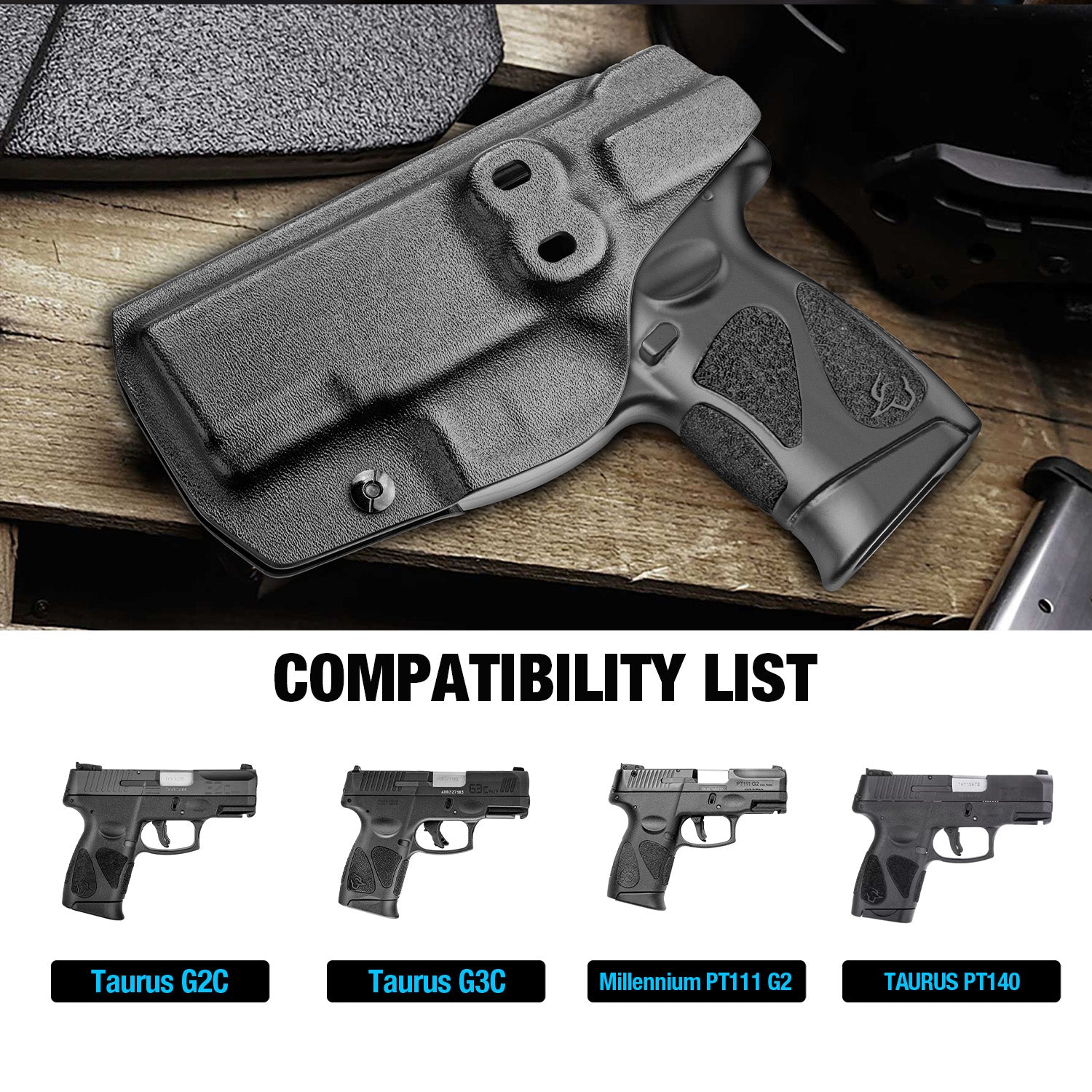 Warriorland Kydex IWB Holster, Compatible with Taurus G2C Taurus G3C Taurus G3C TORO Taurus G3 Taurus PT111 Millennium G2 Taurus PT140 Millennium G2 Pistol, Adj. Cant & Retention, Right Hand WARRIORLAND