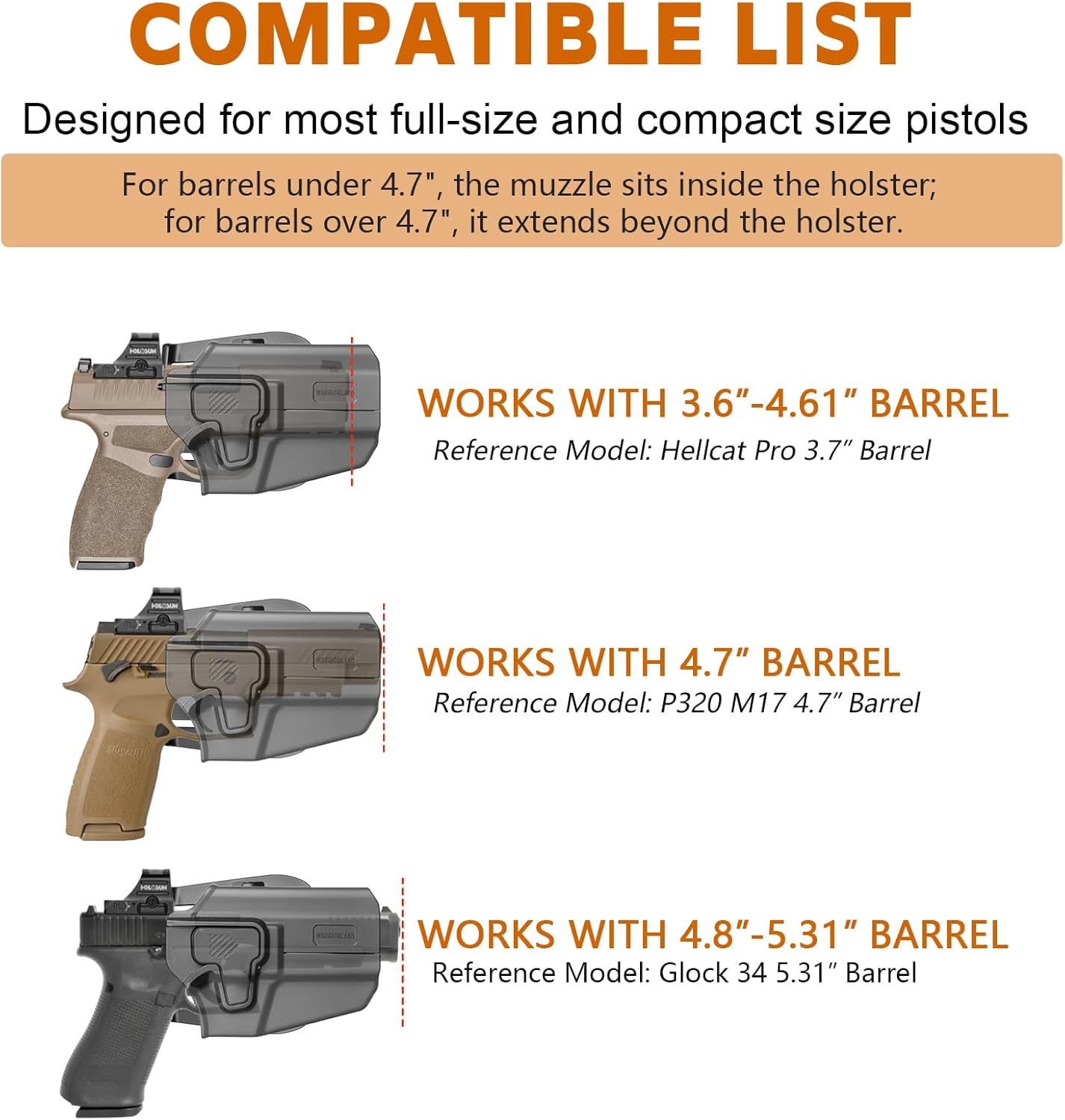 WARRIORLAND Universal OWB Gun Holster w/Optic Cut Ready – Fits Most Popular Compact to Full Size Handguns with 4”–5.3” Barrel – Level II Retention, 360° Adjustable Paddle for 1.5-2.0" Belt, Right Hand