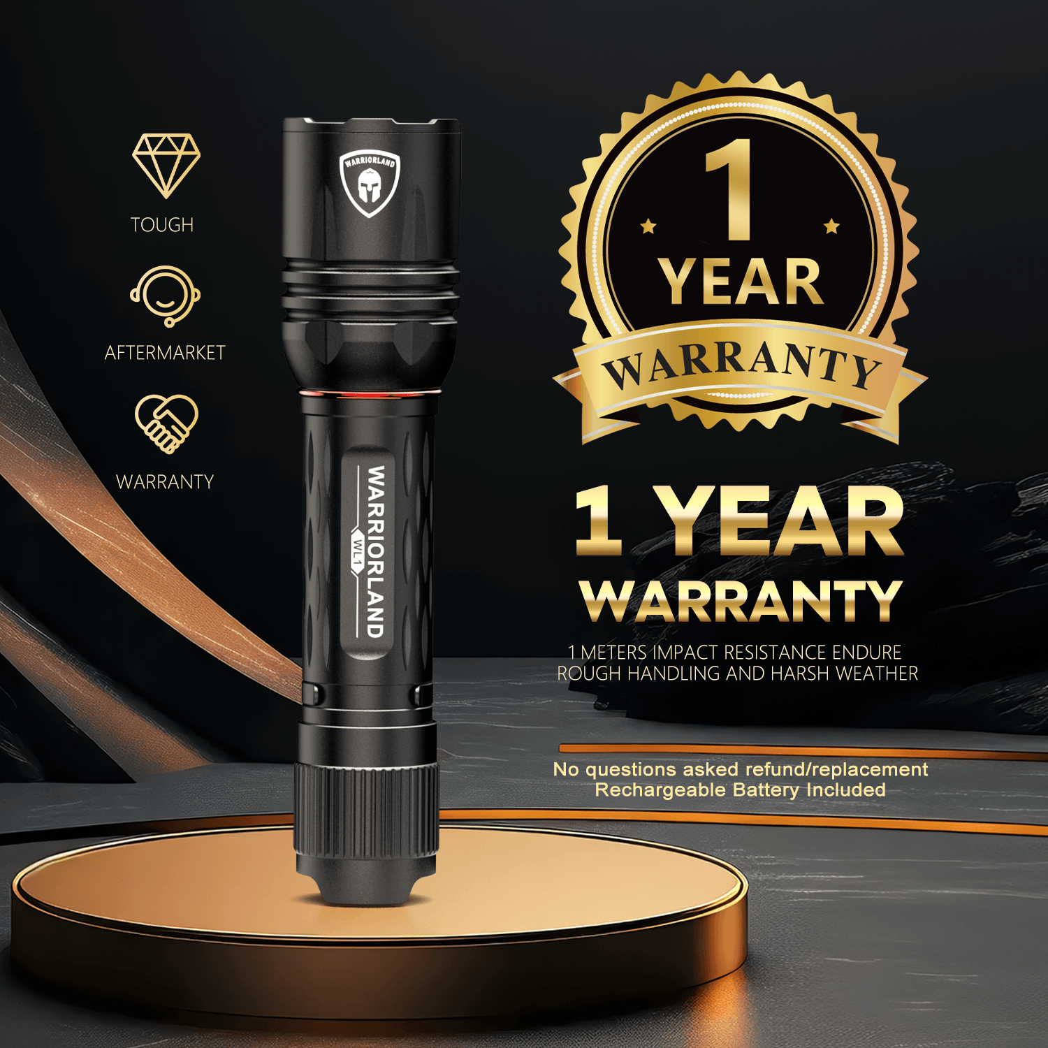 1600 Lumen Tactical Flashlight, Compact Handheld Flashlight with Max Beam Distance 473 Meters, IP68, EDC Flashlight with Rechargeable Battery, Outdoor, Camping and Emergency|WARRIORLAND WARRIORLAND
