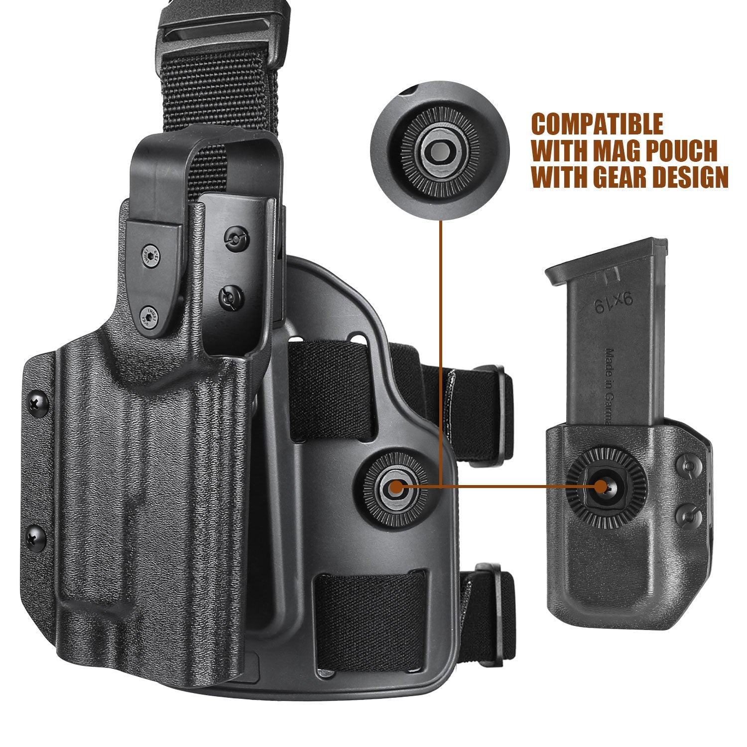 WARRIORLAND Drop Leg Platform for Glock 17/19 (Gen3-5), Glock 22/23/31/32 (Gen3-4), Glock 19X/44/45 w/TLR-1- Level 2 Holster + Mag Holes - Adjustable (No Mag Pouches) Red dot compatible.