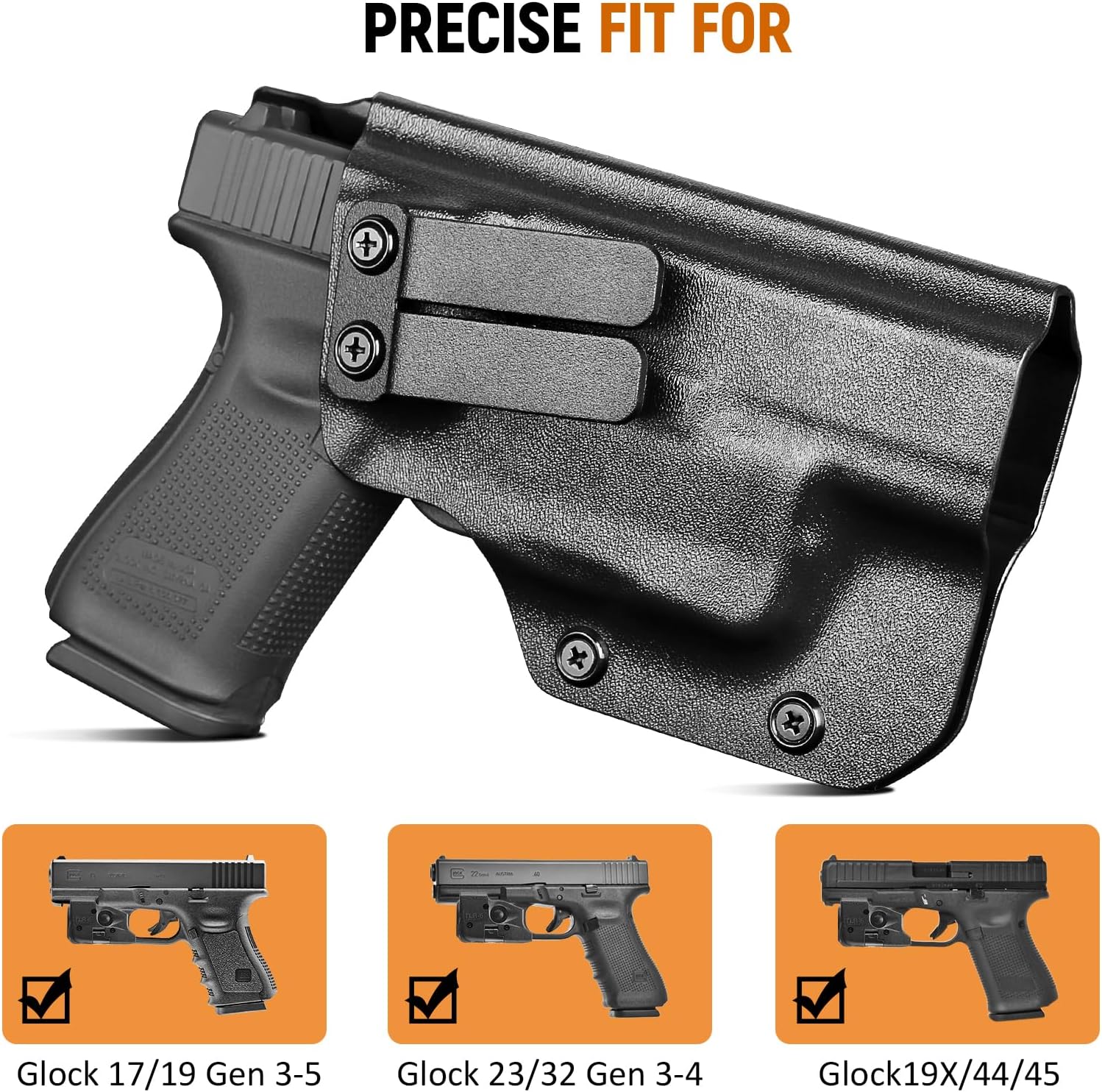 IWB Kydex Holster for Glock 19 with TLR6, Fit Glock 17/19 Gen 3-5, 23/32 Gen 3-4& 19X/ 44/45, Inside Waistband Conceal Carry, Adj. Cant & Retention, Right Hand.