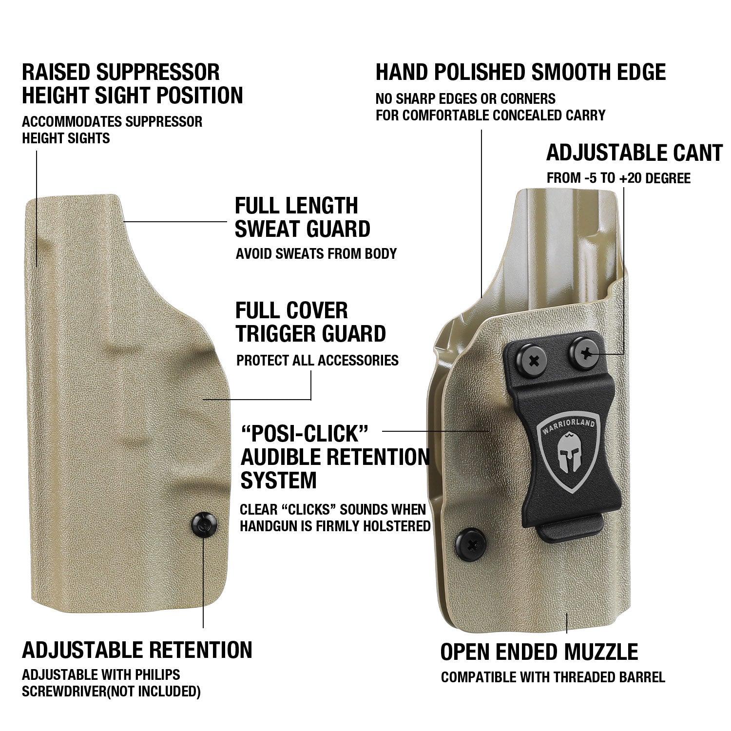 G43 / G43X & G43X MOS Holster, IWB Tan Color Kydex Holster Compatible with 43 / 43X / 43X MOS Pistol, Inside Waistband Appendix Carry, Adj. Posi-Click Retention & Cant, Right Hand|WARRIORLAND WARRIORLAND